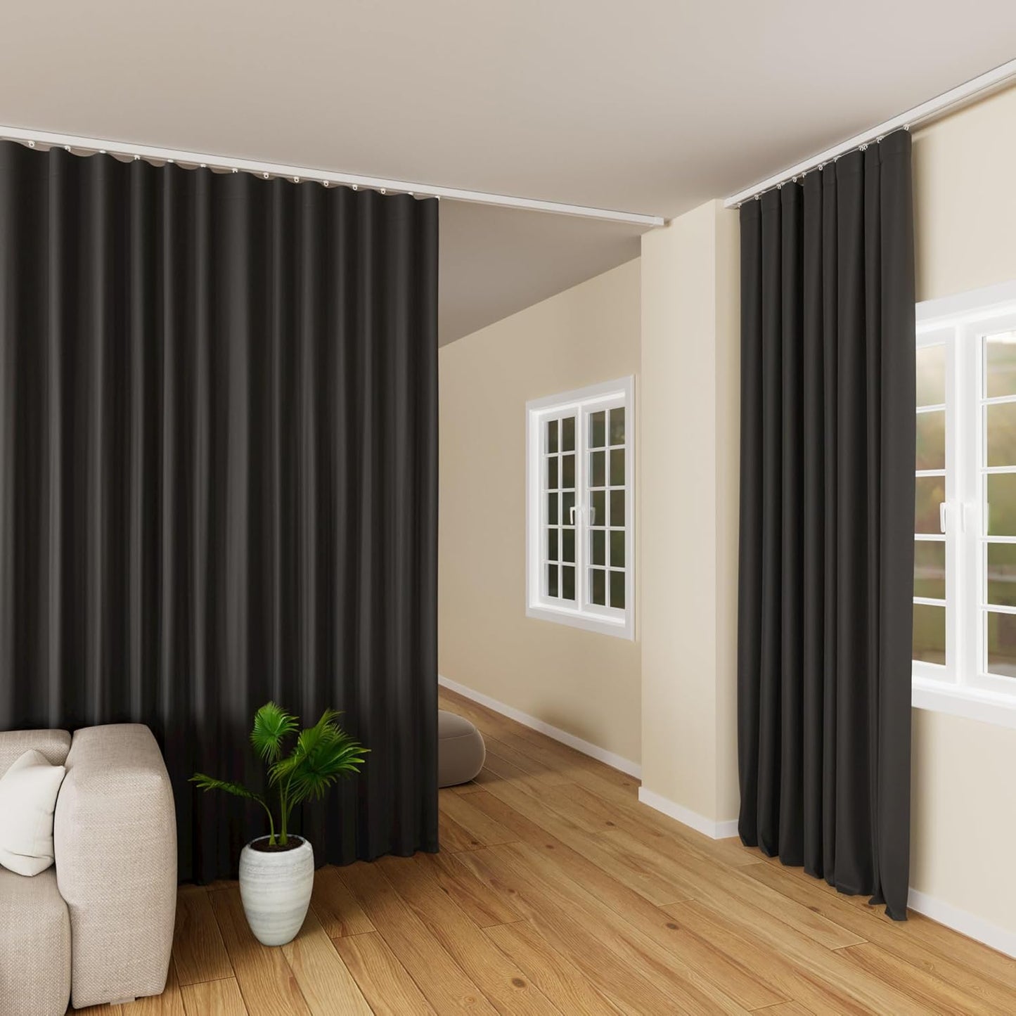 Room Divider Curtains Blackout Floor to Ceiling Curtain with Hook Wall Mount Sliding Door Curtains Ceiling Mount Extra Wide Curtain Wall Divider for Room Separation (Black, W100 x H84 Inch)