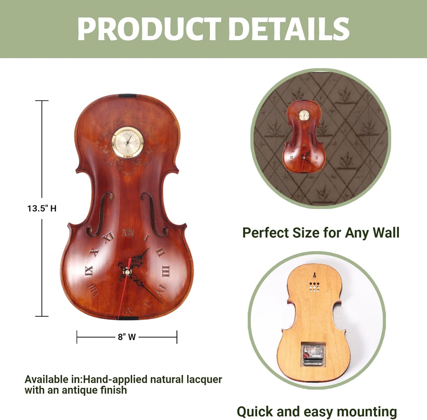 Handcrafted Solid Wood Violin Wall Clock with Thermometer & Hygrometer | Unique Musical Gift for Musicians, Mercury-Free Indoor Temperature Gauge, Analog Quartz Timepiece (Thermometer Clock)