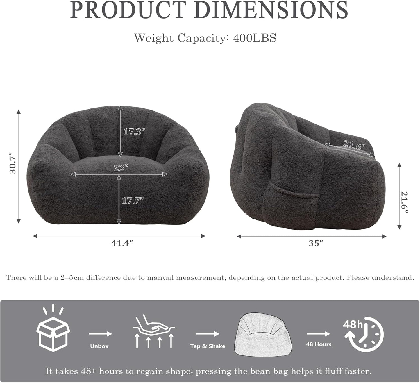 MINCETA Giant Bean Bag Chairs for Adults, Comfy Bean Bag Chair with Armrests, 35" D x 41.4" W, Dark Gray Beanbag Sofa for Living Room, Bedroom, Filler Included