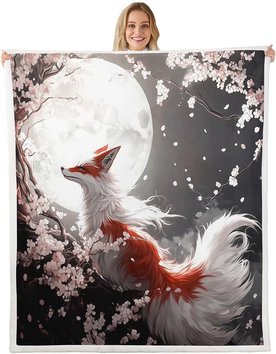 Manfei Japanese Fox Kids Throw Blanket,Japan Ukiyoe Cherry Blossom Moonnight Bed Blanket for Boys Girls,Wild Animal Retro Fleece Blanket,Grey White Fuzzy Blanket,Queen Size (90 x 90 Inches)