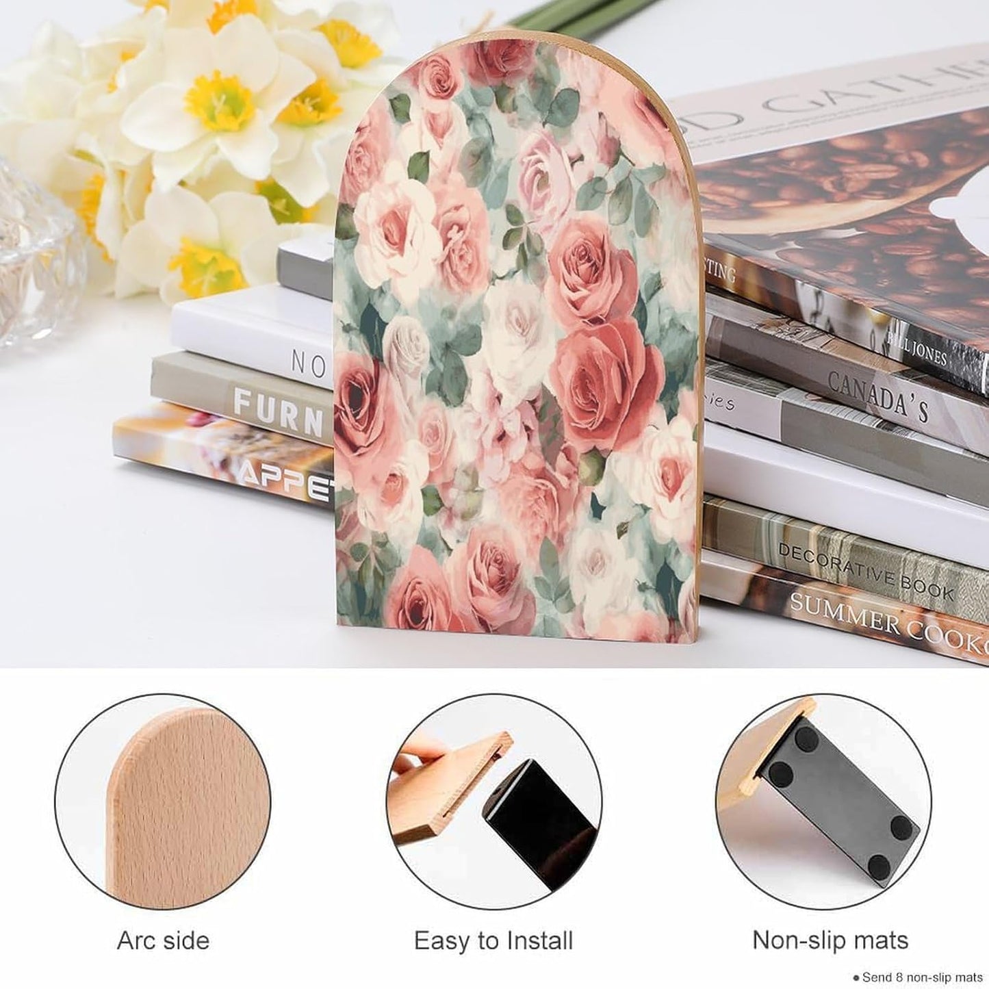 Soft Color Pale Faded Mix of Roses Bookends 1 Pair Heavy Duty Book Ends for Shelves Non-Skid Bookend Supports Wooden Book Holders with Metal Base Desk Organizers Books Storage to Hold Books