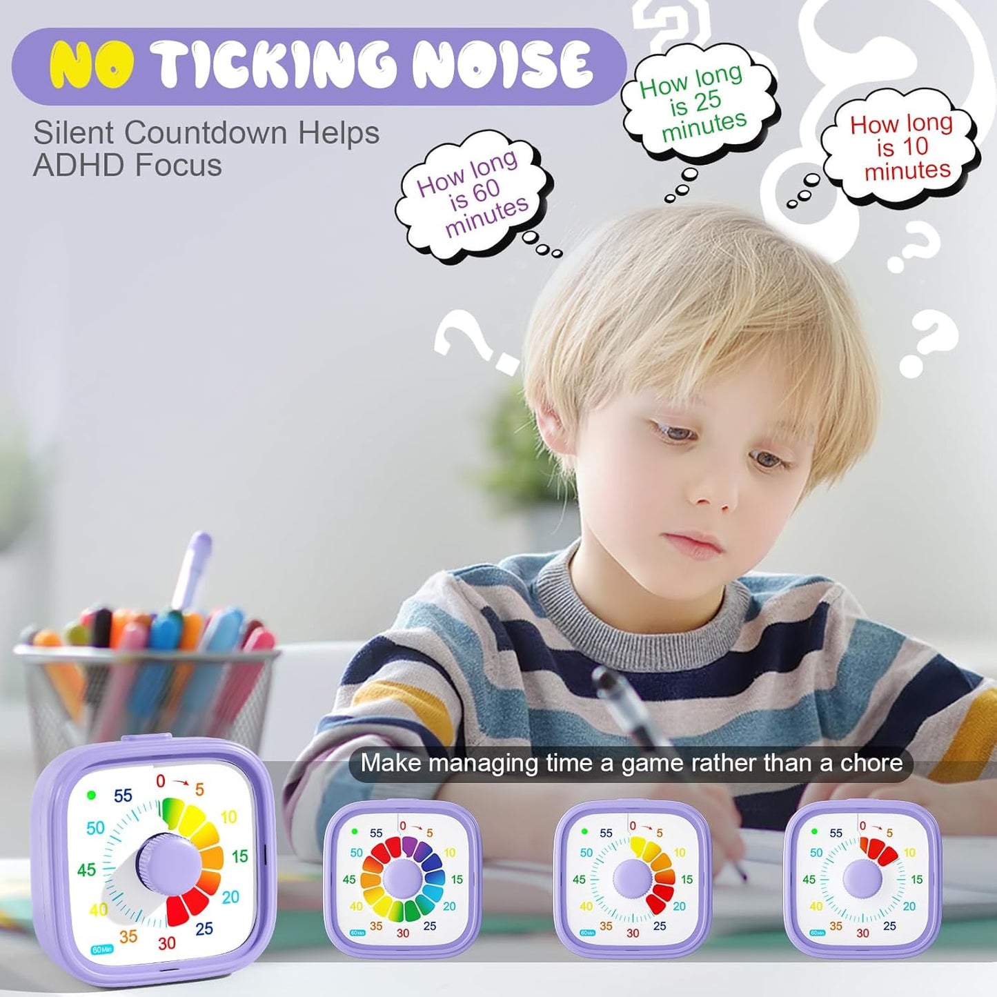 Visual Timer for Kids & Adults – 60-Minute Countdown Timer with Colorful Dial – Time Management Tool for Classroom, Homework, Cooking, and Productivity with Silent Operation