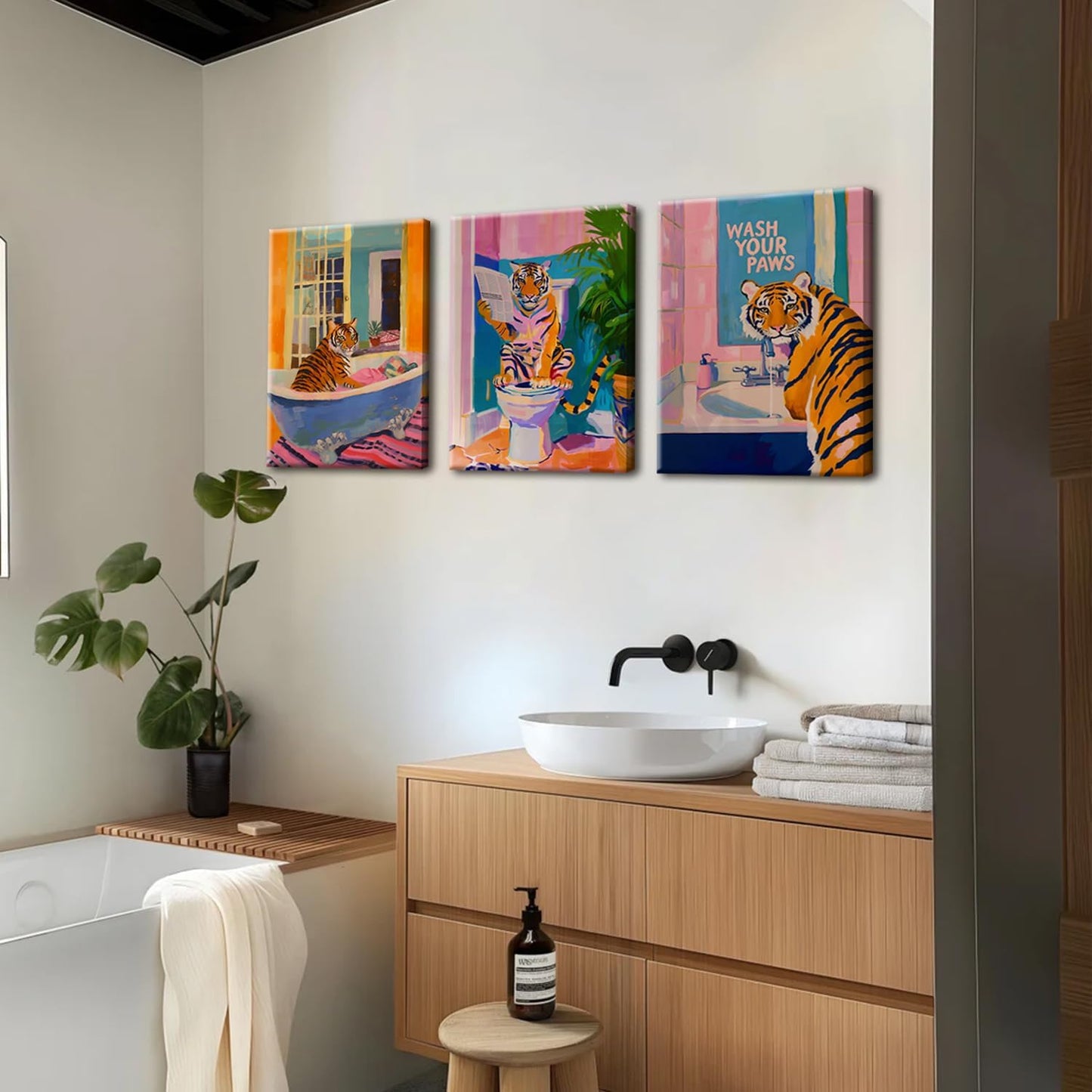 Funny Tiger Bathroom Wall Art Set of 3 Whimsical Tiger in Bathtub Canvas Wall Decor Painting Maximalist Animal Bathroom Poster Print Aesthetic 16x24 inch Framed
