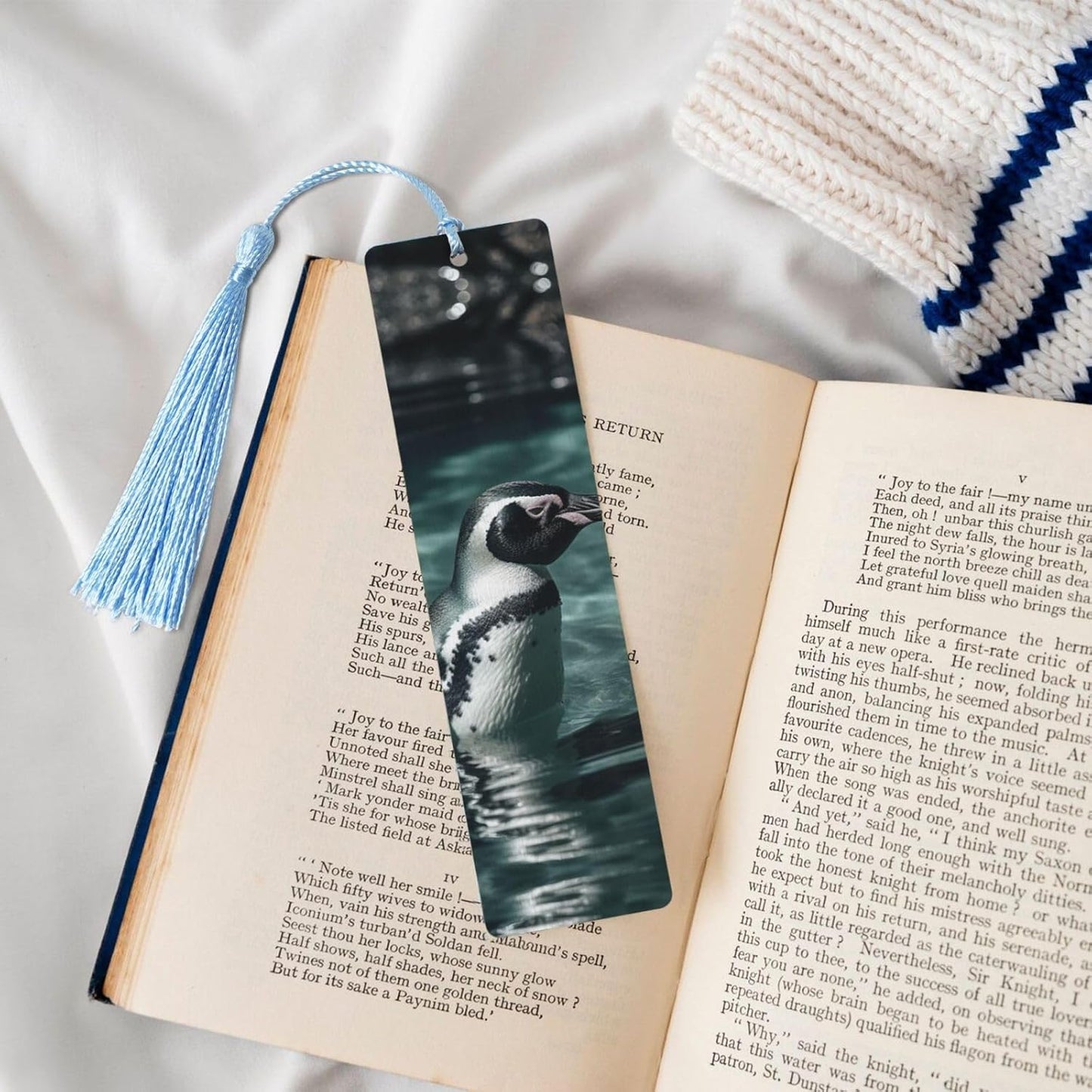 Penguin in Water Bookmarks Gifts for Women Men, Wooden Bookmarks for Book Lovers, Vintage Book Marks Ornaments with Tassel, Unique Personalized Reading Page Markers Sky Blue