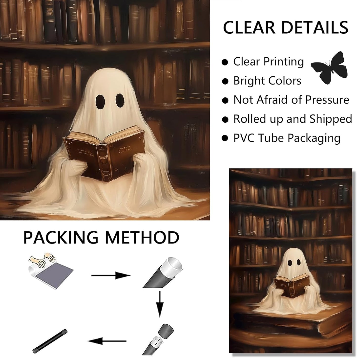 Ghost Reading Wall Art Halloween Aesthetic Poster Bookish Halloween Wall Art Funny Ghostes Painting Cute Dark Academia Reading Posters Vintage Ghost Pictures Library Painting Room 16x24inch No Frame