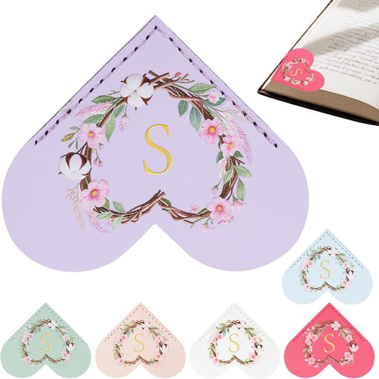 6 Pack Macaron Colorful Bookmarks,Heart Shape Leather Bookmark Set with Floral Initials,Cute UV Printed Design,Bulk Graduation Gifts for Students Teachers Book Lovers,Elegant Thank You Gift (S)