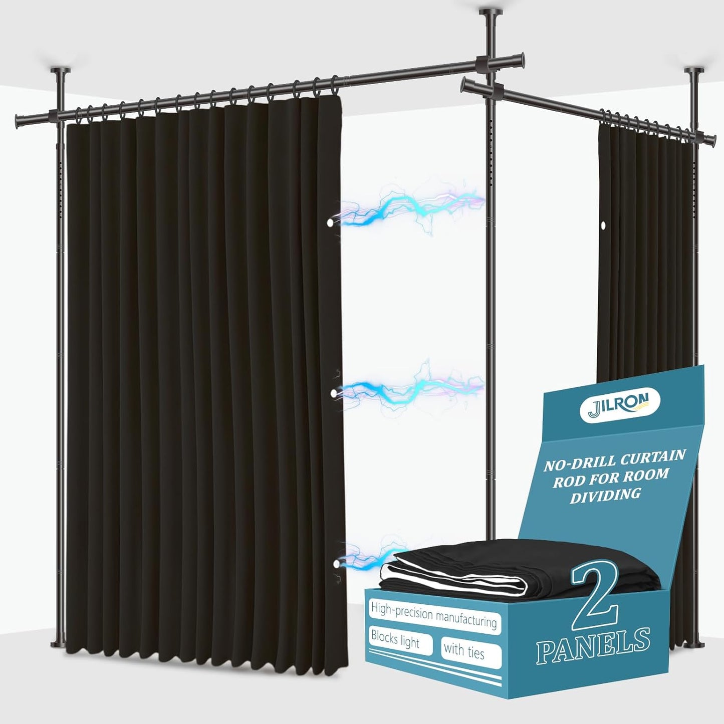 No-Drill Room Divider Curtains Set: Includes 106" W x 84" L Black Curtain 2-Panel & Adjustable Pole Brackets (72-200" W x 43-120" H Adjustable Range)