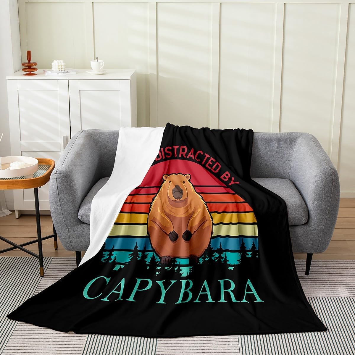 Capybaras Throw Blanket Twin Size, Funny Rainbow Capybara Bed Blanket for Home Bed Sofa Crib, Woodland Hunting Theme Fleece Blanket, Cute Rodent Animals Soft Cozy Flannel Blanket, Black