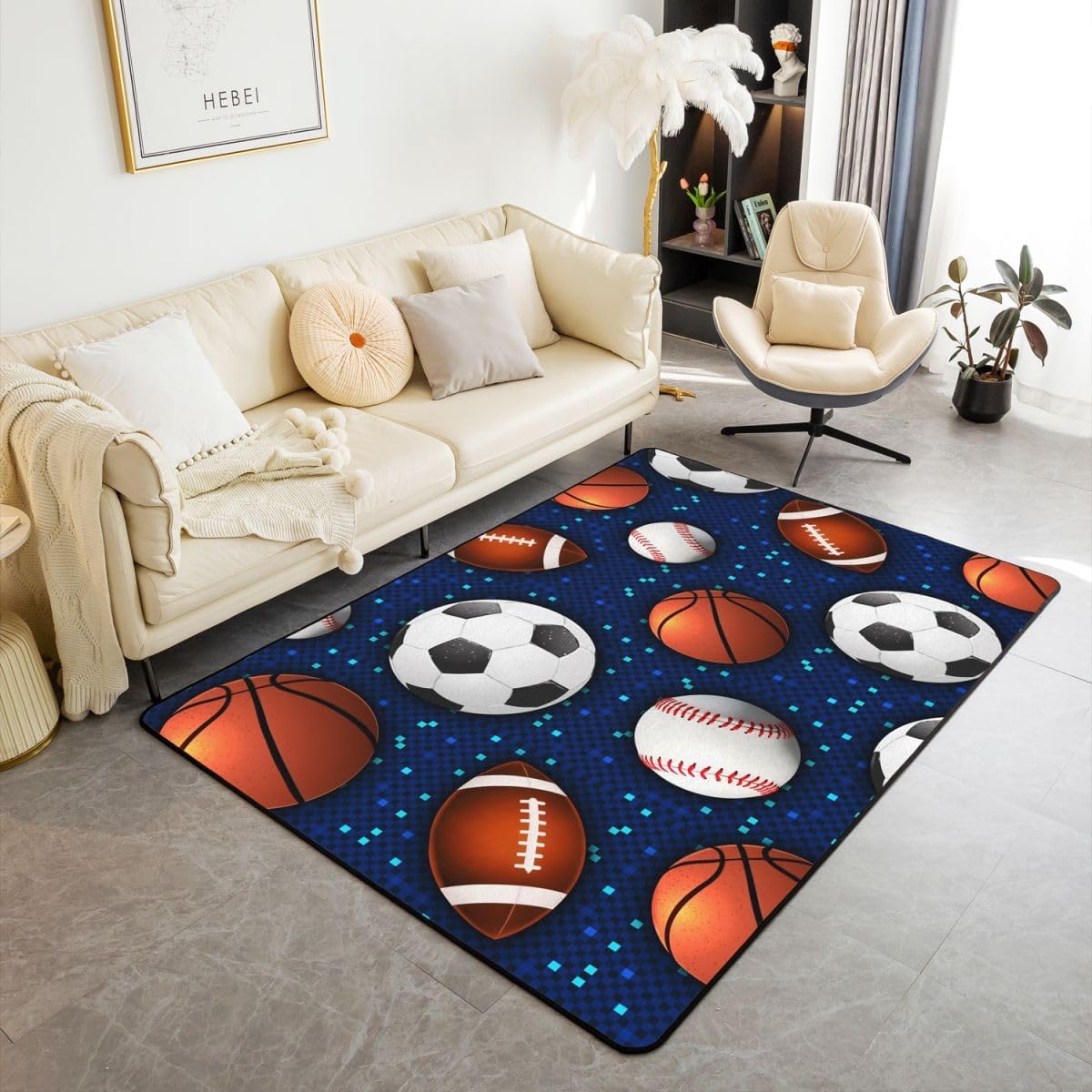 Erosebridal Ball Game Area Rug for Kids Boys Teens,Baseball Carpet 5x7,Basketball Soccer Indoor Floor Mat,Glowing Neon Sports Theme Area Runner Rug for Living Room Bedroom