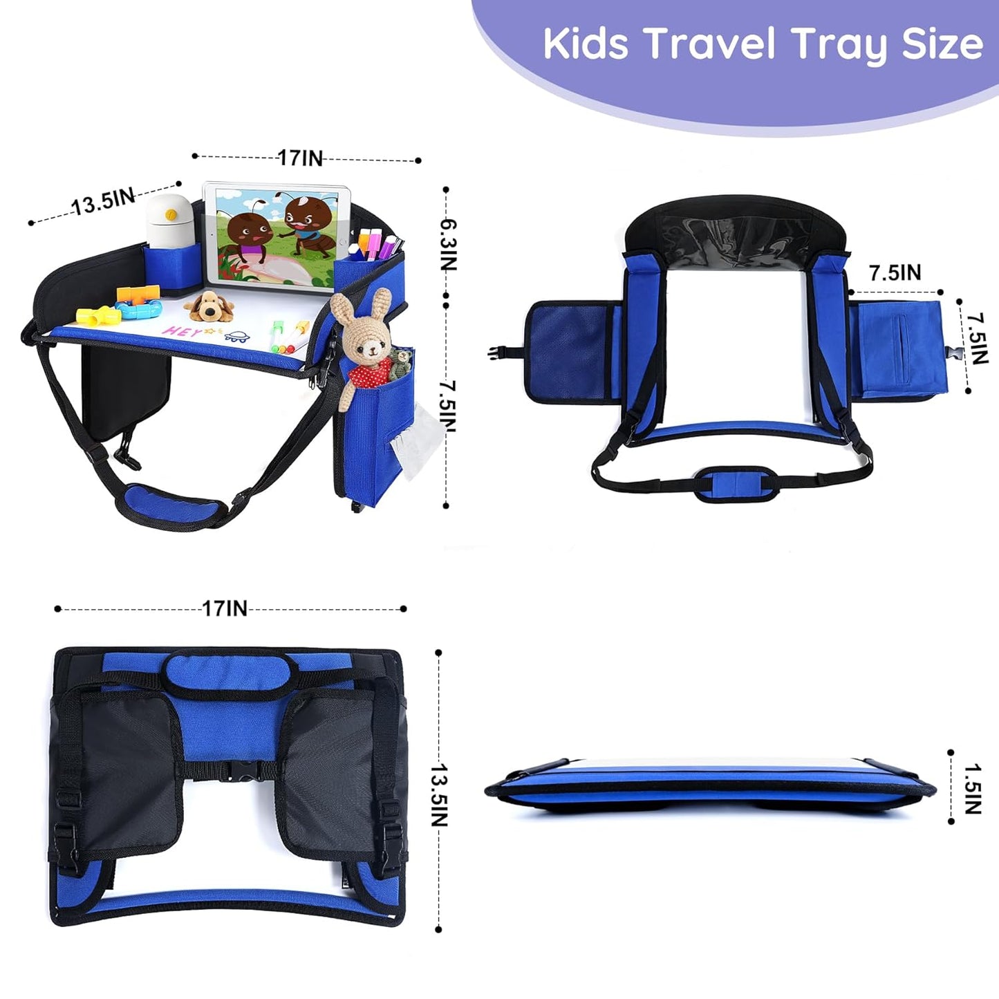 Kids Travel Tray, Kids Travel Trays for Car Seat, Road Trip Essentials for Toddler, Carseat Lap Tray with Dry Erase Board & Storage Organizer for Road Trip Activities for Kid, Blue