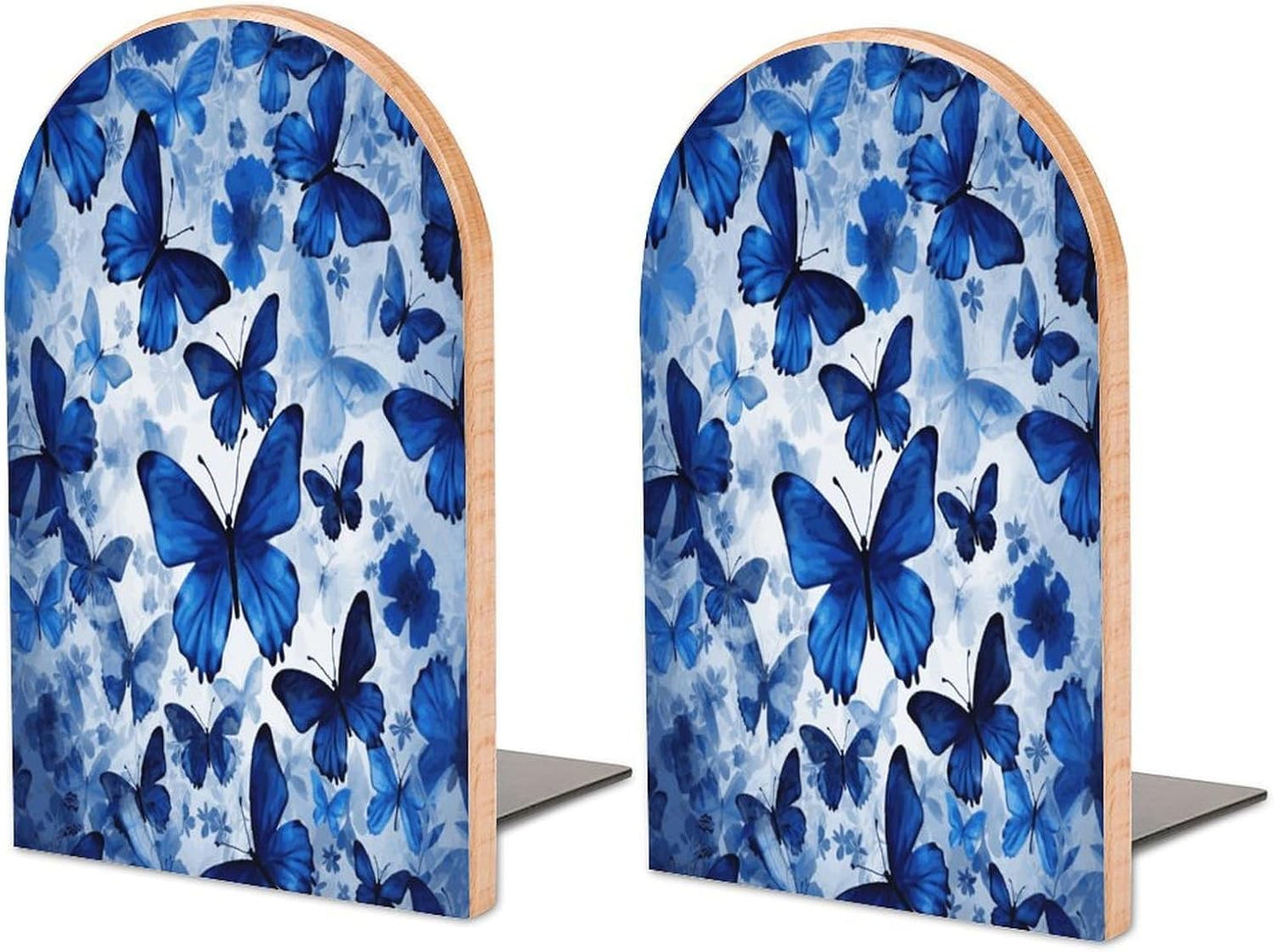 Blue Butterflies Bookend for Shelves Wooden Book End Large Size Sturdy Book Holders Stoppers with Metal Base for Bookshelves Slick Decorative Bookends Stands