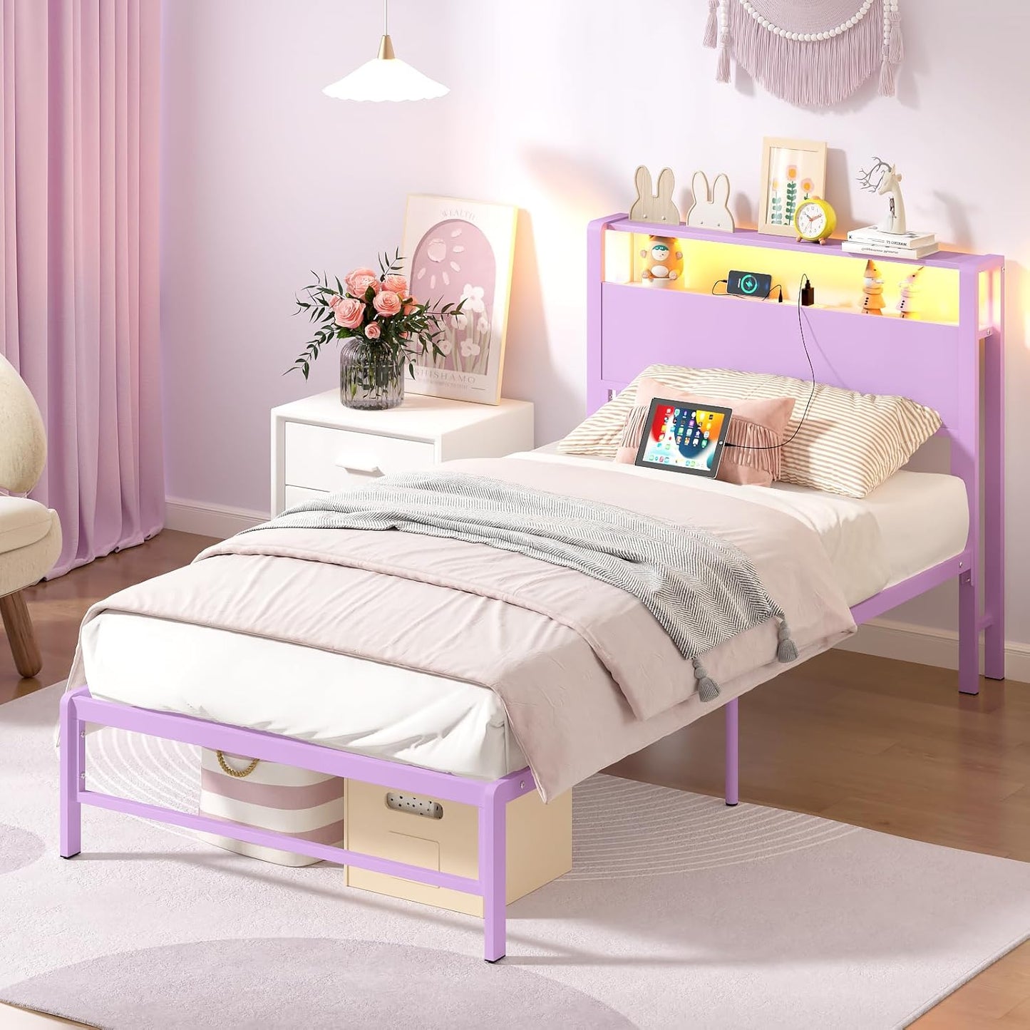 Weehom Twin Bed Frames with 2 Tiers Wood Storage Shelves Headboard, Twin Size Bed with Charger Stations and LED Light Under Bed Storage Space Platform Bed for Kids, Girls and Adults, Purple