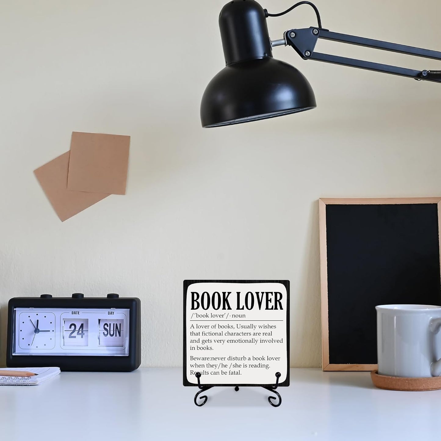 Reading Lover Wooden Plaque - Book Lover Wooden Sign with Metal Stand, Inspirational Library & Bookshelf Decor for Home, Office Desk - Gift for Women, Men, Readers(5x5 Inches)-A01