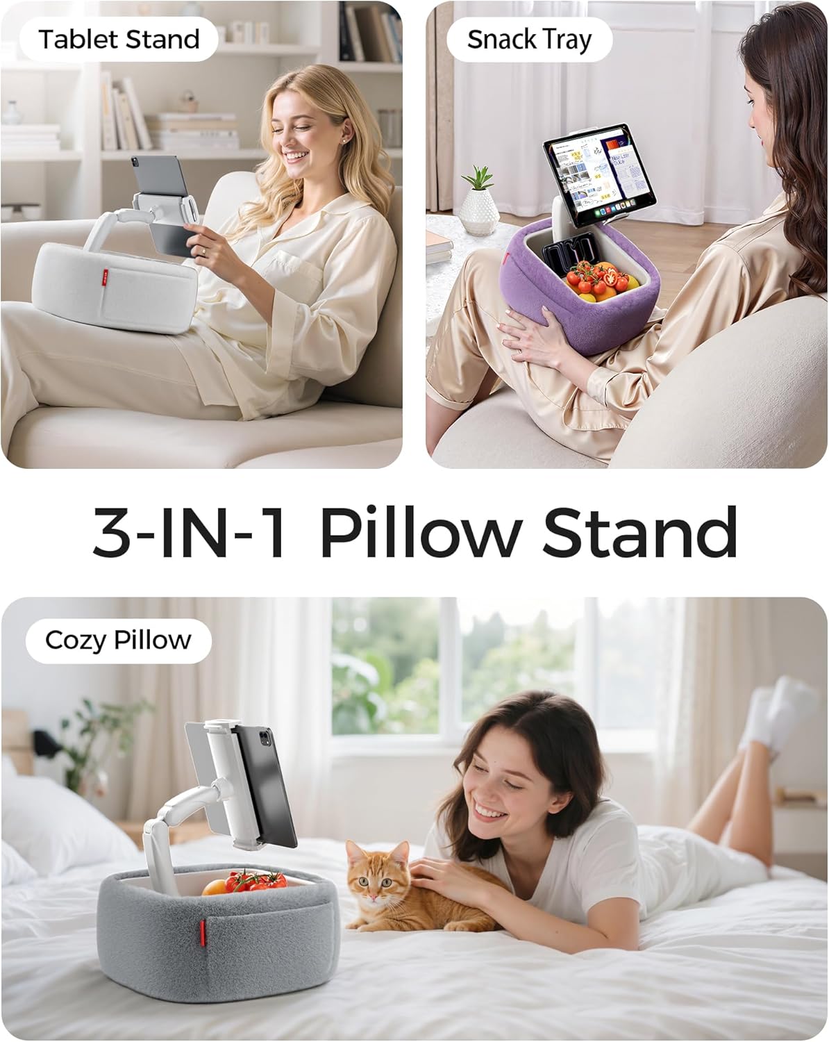 LULULOOK Ultra Fluffy Kindle Pillow Stand for Reading, Lap Tablet Pillow Stand with Snack Bowl & Foldable Arm Compatible with iPad, Phone and 4.7-14.6” Tablet for Book Reading in Bed