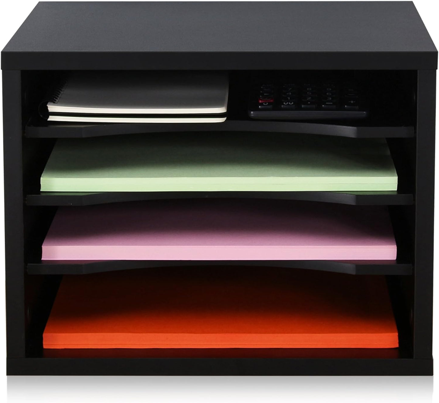 FITUEYES Wood Desk Paper Organizer with 4 Tiers Storage, Desktop File Holder, Document Letter Sorter Tray with Adjustable Shelves, Home Office Wooden Mail Rack, Black