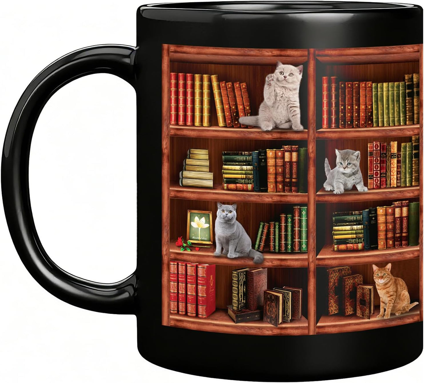 Coffee Mug for Book Lovers - Cat Mugs for Cat Lovers - Funny Mugs Charming Gifts for Book Lover Women and Cute Gifts for Writers & Readers - Library Bookshelf Mug - 11oz Black Ceramic Coffee & Tea Cup