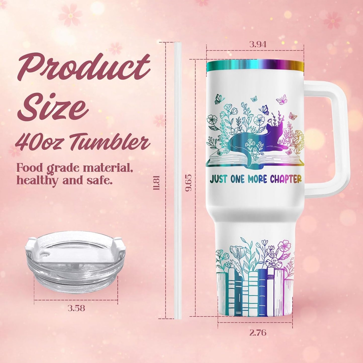 34HD Engraved Cat Mom Tumbler with Handle and Straw, 40oz Cute Gradient Book Cup Stainless Steel, Bookworm Coffee Mug, Cat and Book Birthday Gifts for Women Men Friends