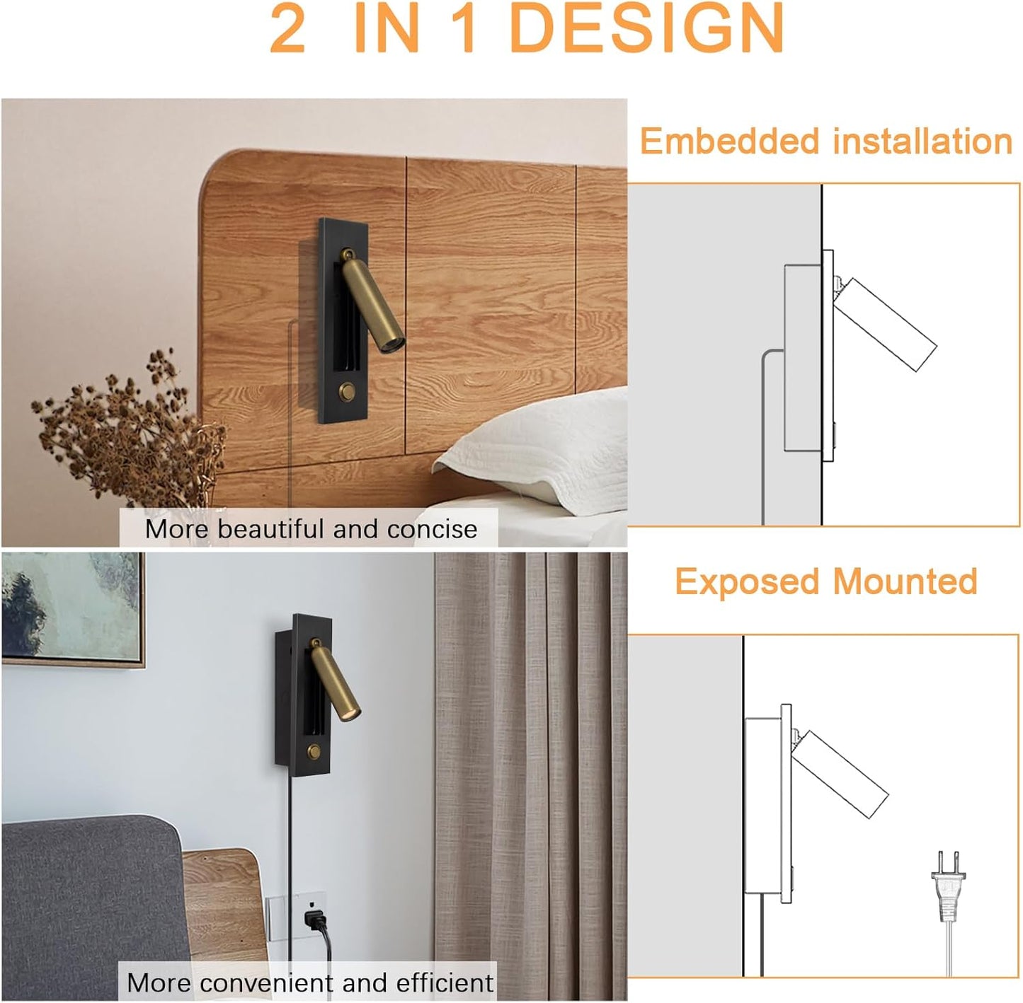 Set of 2 Led Headboard Wall Light, 350°Rotation Portable Plug in Wall Sconce Hardwired, Bedside Reading Light Recessed Push Switch, Hotel Bed Side Decor Wall Sconces Spotlight (Brushed Brass)