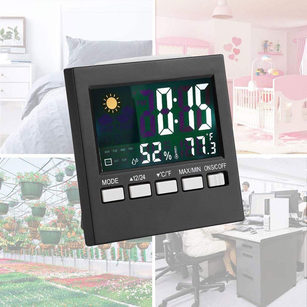Indoor Outdoor Thermometer Hygrometer, with Color Screen, Weather Forecast, Alarm Clock, Temperature, Adjustable Bright