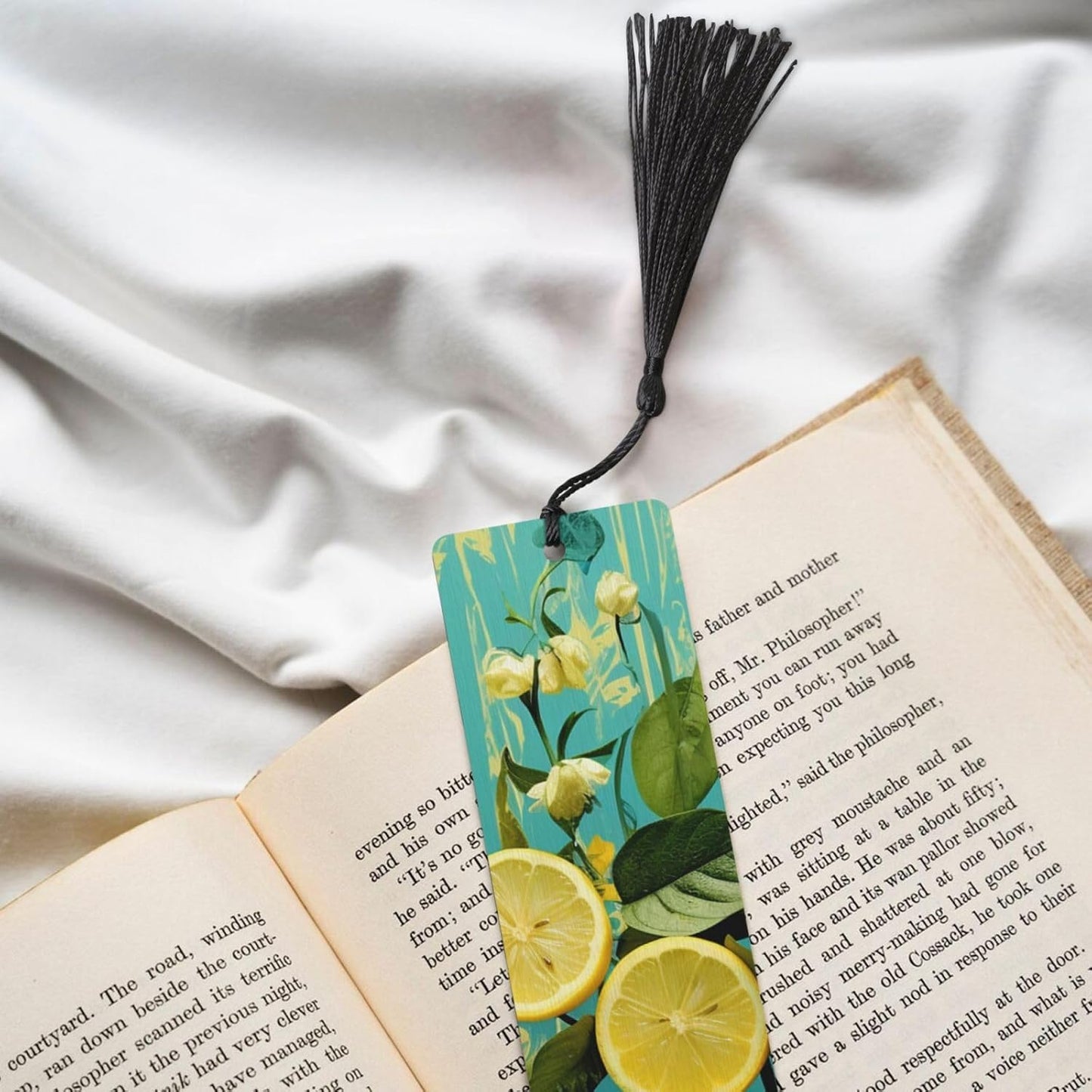 Lemons and Leaves Bookmarks Gifts for Women Men, Wooden Bookmarks for Book Lovers, Vintage Book Marks Ornaments with Tassel, Unique Personalized Reading Page Markers Black