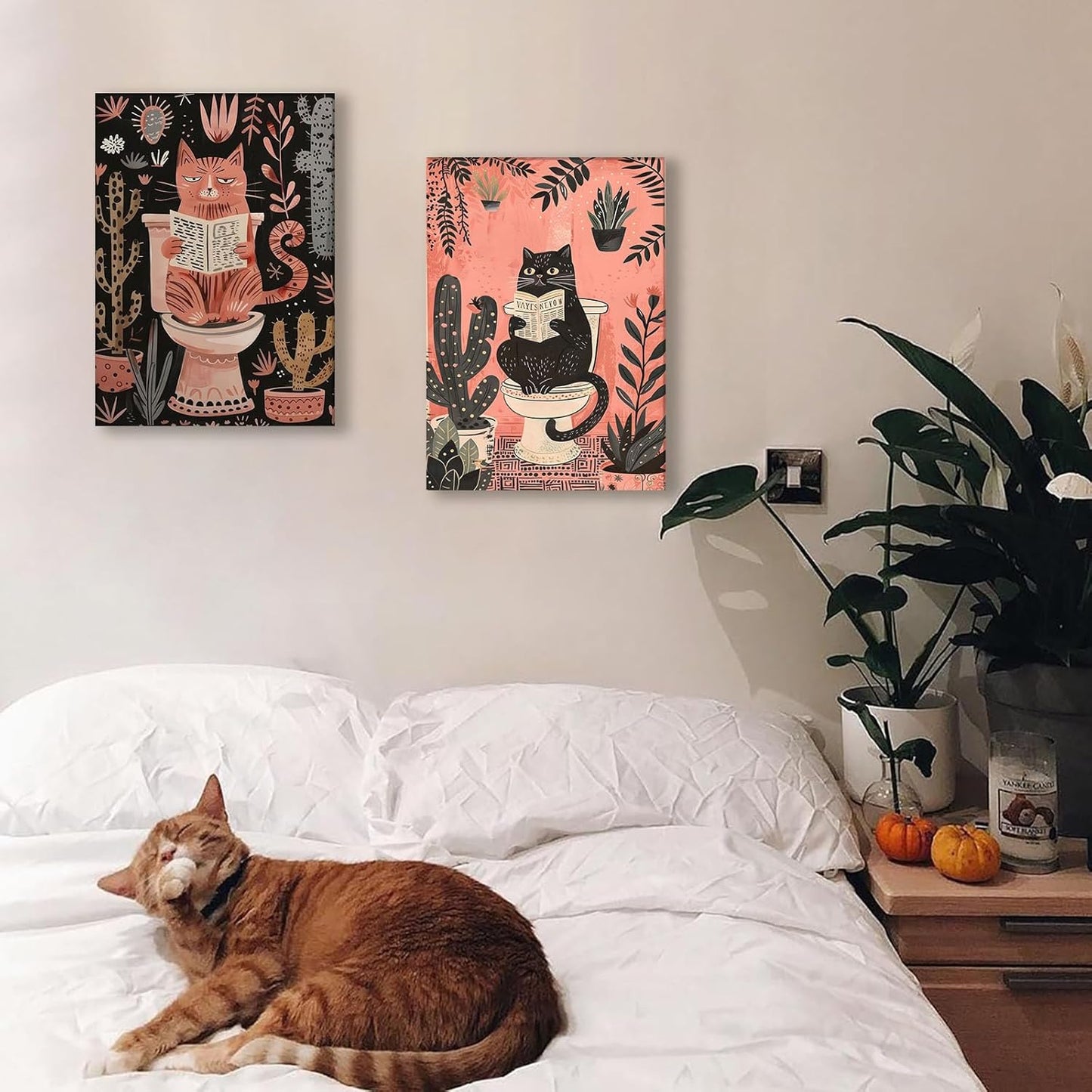 2Pcs Funny Cat Bathroom Wall Art Pink Cute Pets Canvas Wall Decor Cat Reading Newspaper On The Toilet Posters Picture Cactus Prints Animals Plants Trendy Painting for Bathroom Decoration 12x16in