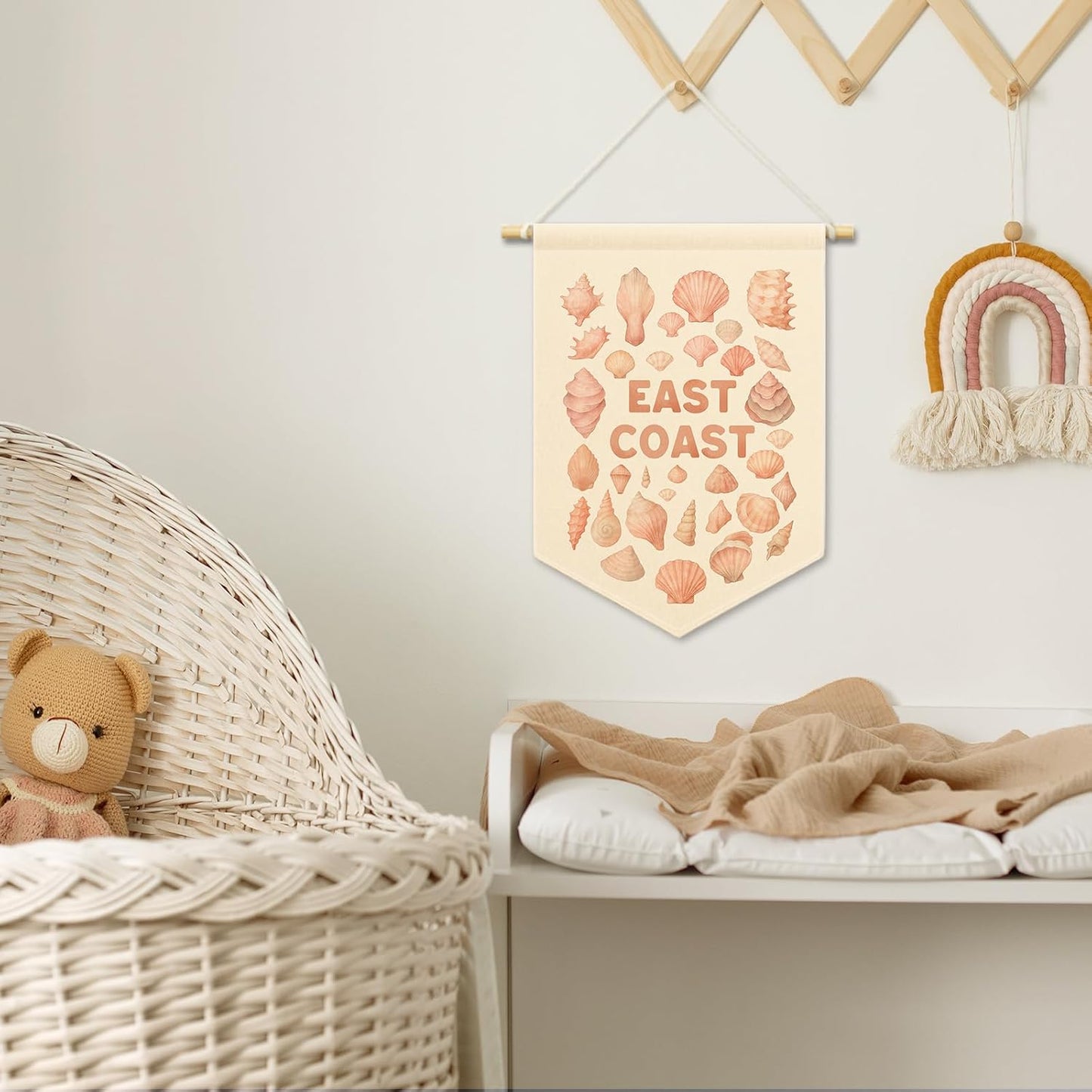 Pink East Coast Seashell Girly Room Decor, Coastal Beach Ocean Kids Banner Canvas, Preppy Sea Nursery Wall Hanging Frame Decor Art Pennant Flag for Beachy Toddler Room Playroom Dorm 11x15in