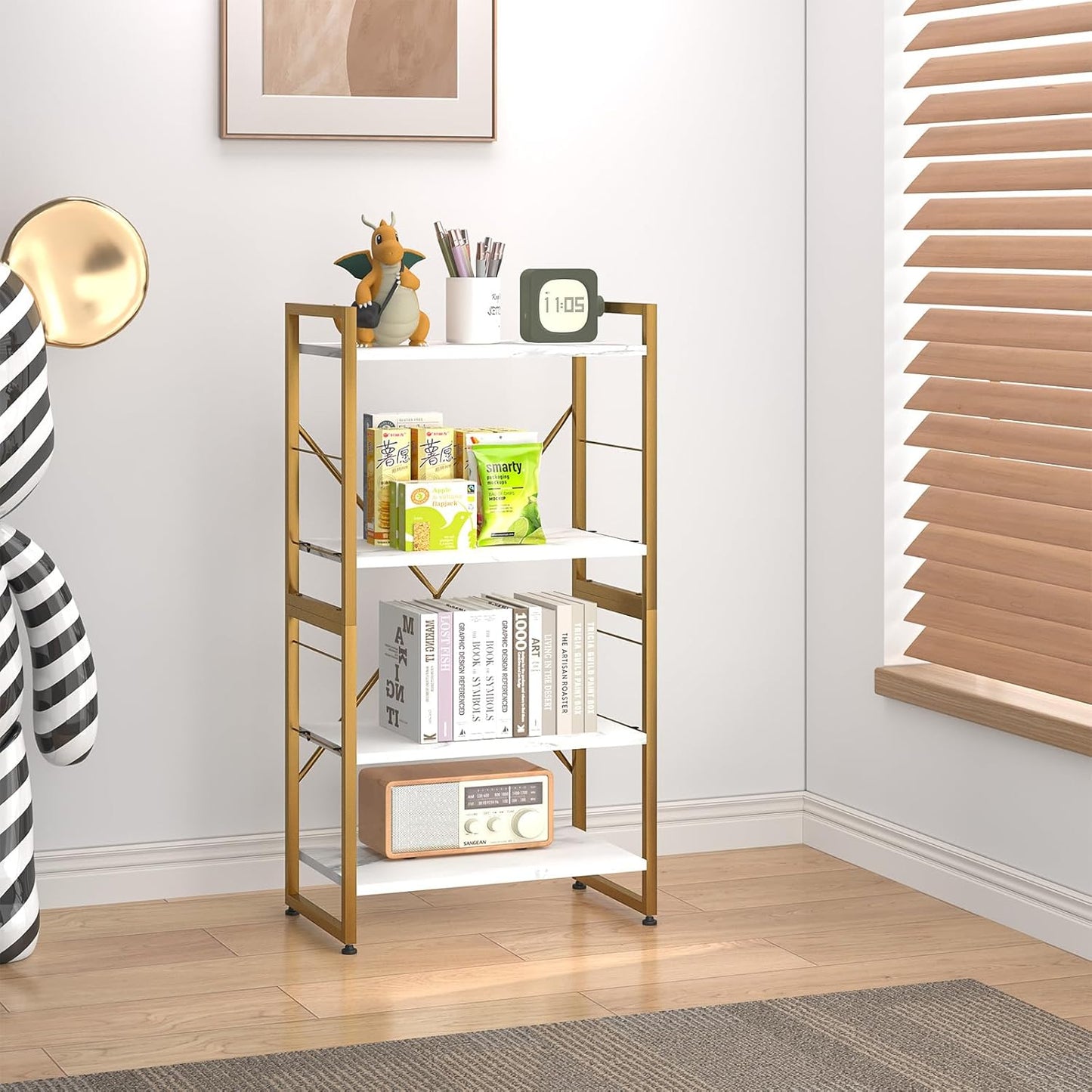 4 Tiers Bookshelf Adjustable White Faux Marble Organizer, Modern Small Bookcase for Small Space,Industrial Wooden Storage Display Rack and Storage Organizer for Living Room Home Office(Glod)