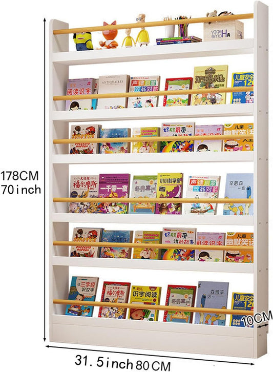 Behind The Door Bookshelf 6-Tier Wooden Behind The Door Storage Cabinet Wall Mount Shelf Easy to Install for Bedroom Kid Room Living Room Library（White）