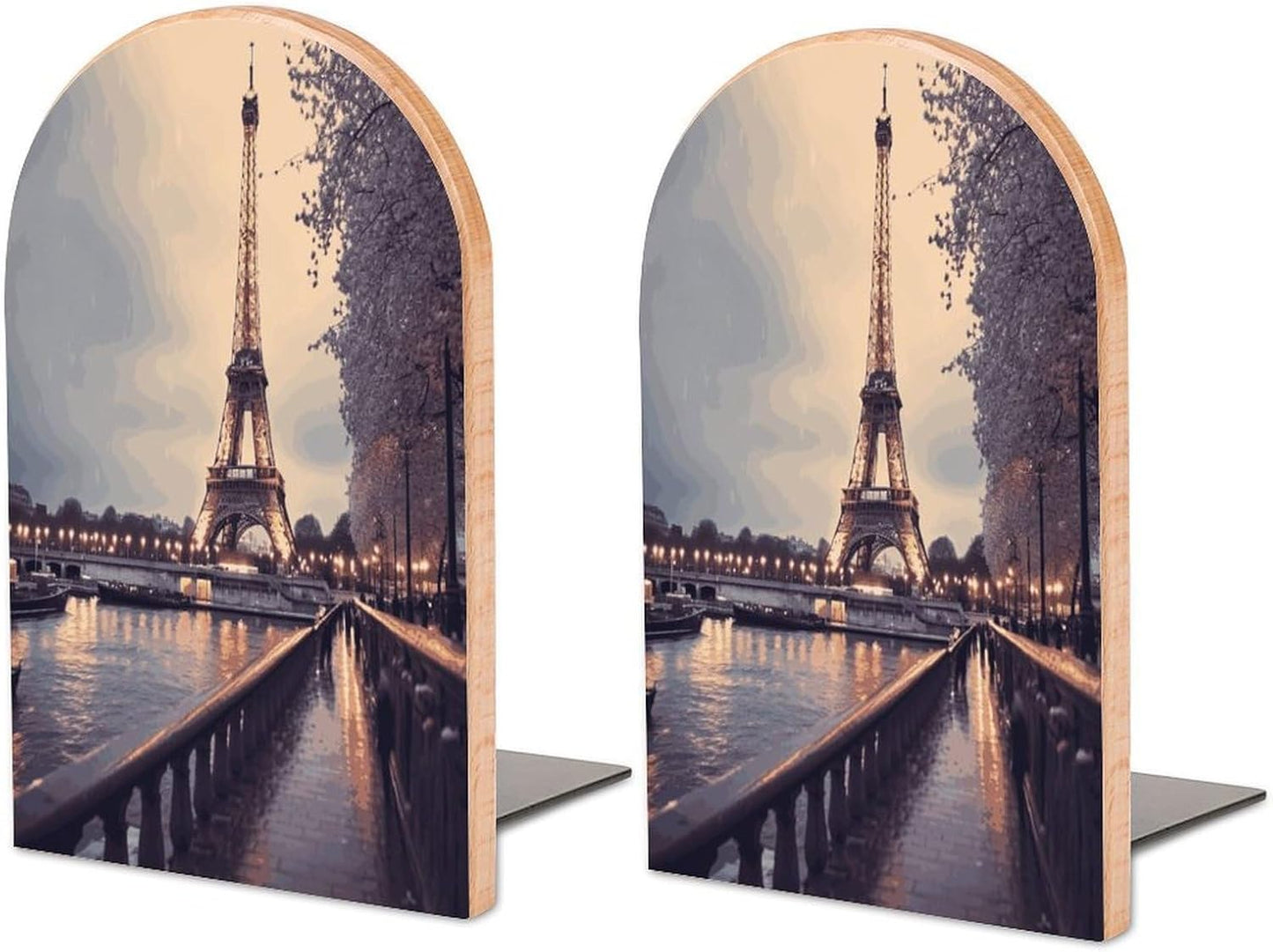 Eiffel Tower Winter Rainy Bookend for Shelves Wooden Book End Large Size Sturdy Book Holders Stoppers with Metal Base for Bookshelves Slick Decorative Bookends Stands