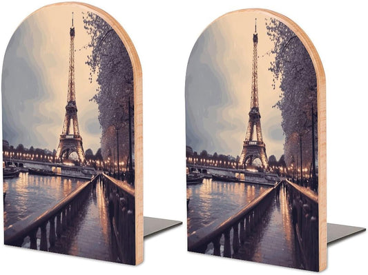 Eiffel Tower Winter Rainy Bookend for Shelves Wooden Book End Large Size Sturdy Book Holders Stoppers with Metal Base for Bookshelves Slick Decorative Bookends Stands