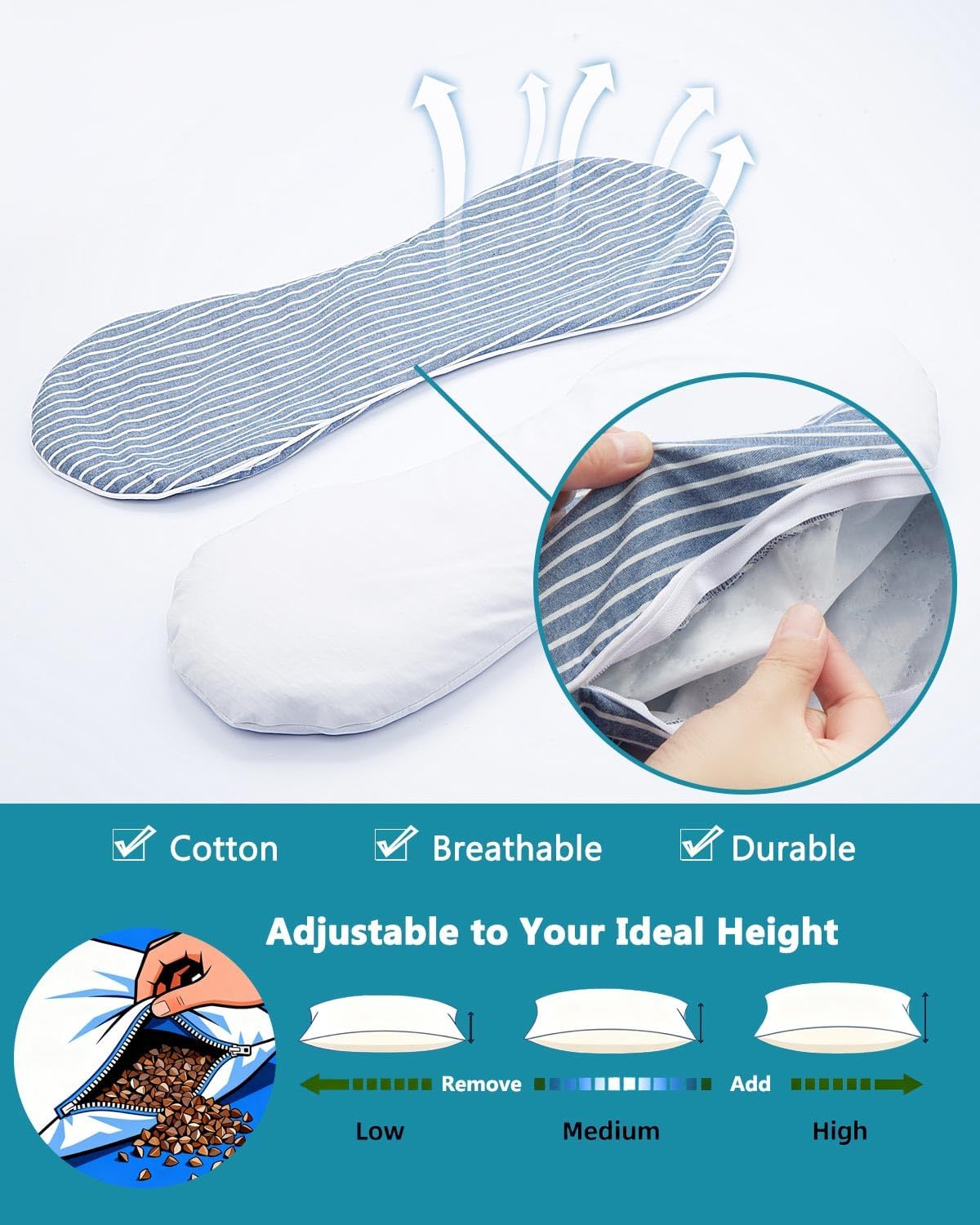 Adjustable Buckwheat Pillows for Sleeping,19.6"x7.8" Cervical Neck Support Cylinder Bolster Pillow, Custom Comfort Breathable Pain Relief Bone Pillow with Striped Pillow Cover, Blue