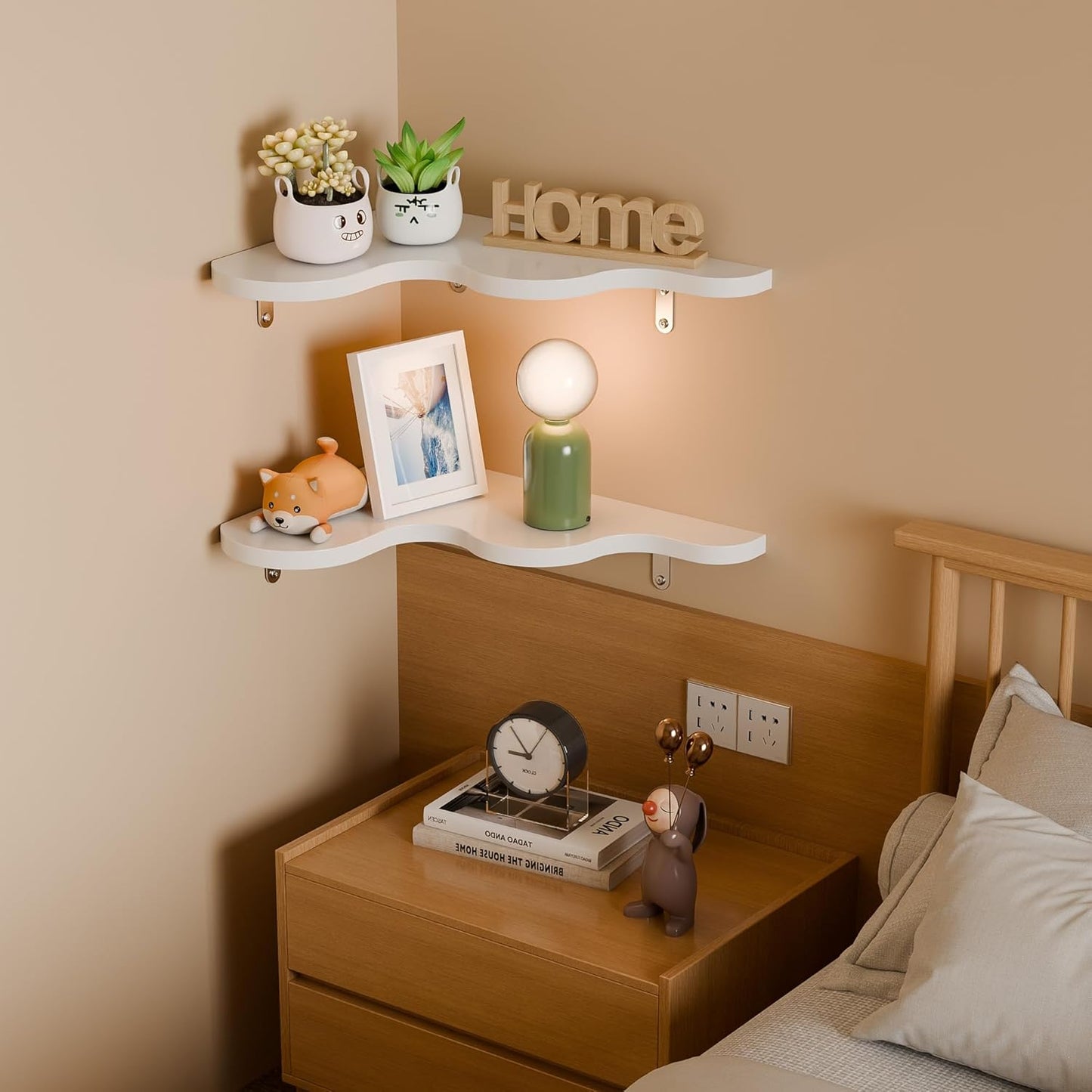 Cute Cloud Corner Shelves - Set of 2 White Wooden Floating Corner Shelves Wall Mounted, 90-Degree Space-Saving Nursery Shelves with Brackets, Kids Room Decor for Bedroom,Living Room,Bathroom