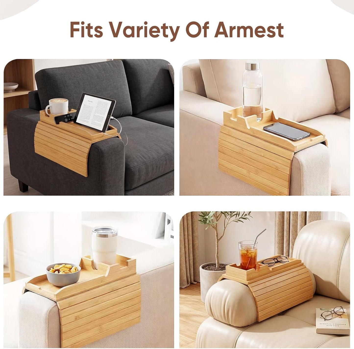 Bamboo Couch Arm Tray Table with Built-in Cup Holder, Foldable Anti-Slip Sofa Armrest Table for Drinks, Phone & Remote, Fits 4.7–16.9 in Armrests, Holds Cups up to 3.5 in Diameter (Bamboo)