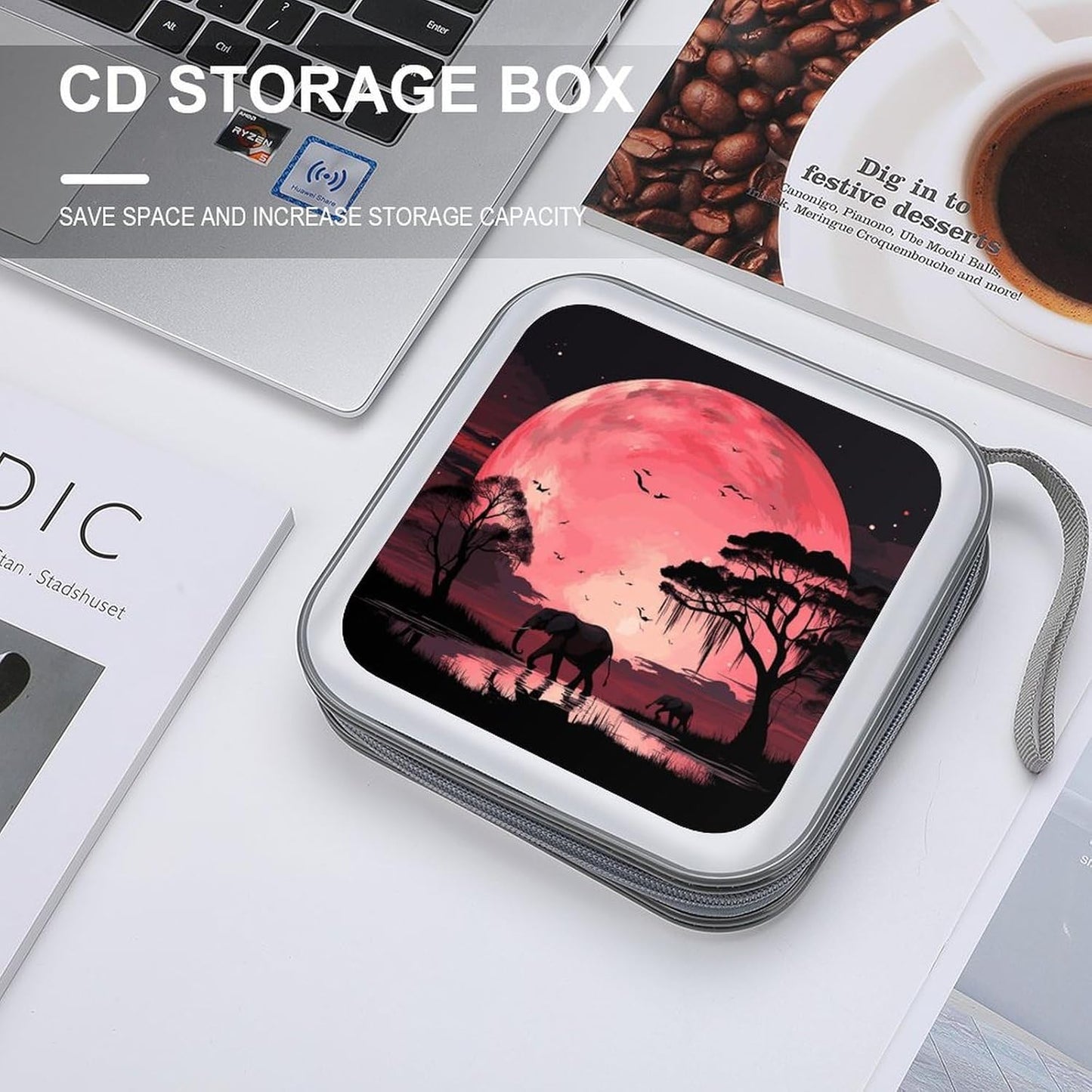 Pink Moon Elephant CD Case 40 Capacity Case Zipper CD Collection Bag with Handles Cover DVD Storage Hard Plastic DVD Disc Cases Storage Binder for Car Home Office Travel