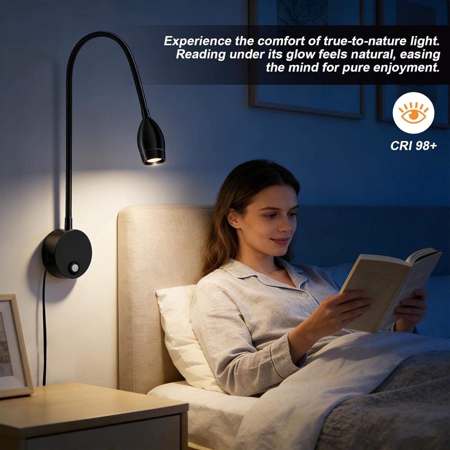 ERAY LED Wall Mounted Reading Light, Bedside Reading Lights for Bed with Touch Control, 3 Dimmable, 360°Flexible Gooseneck Headboard Book Reading Lamp Wall Sconce, 3000k-6000k-2 Pack