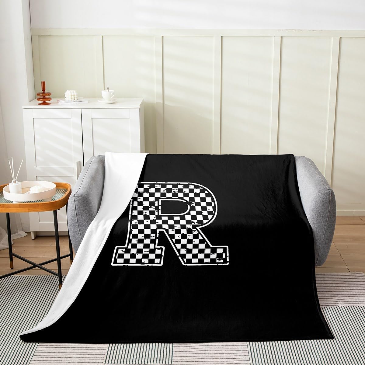 Initial Letter R Throw Blanket Throw 50x60 Race Style Racing Flag Flannel Blanket for Kids Teens Adults Geometric Plaid Black White Decor Fleece Blanket for Living Room Couch