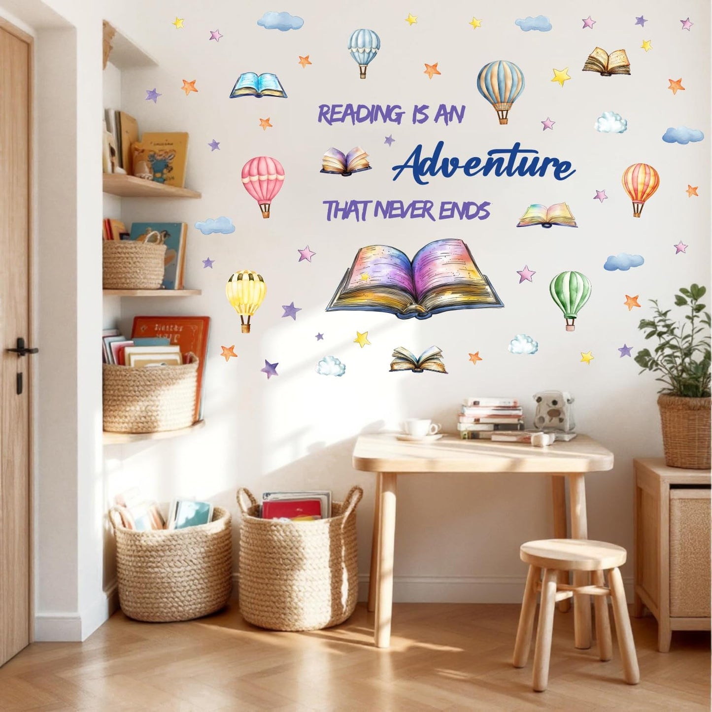 OLMIXA Reading Book with Hot Air Balloon Wall Decals, Reading is an Adventure That Never Ends Positive Quote Stickers, Vinyl Educatinal Read Book Wall Art for Library Classroom Playroom Decor