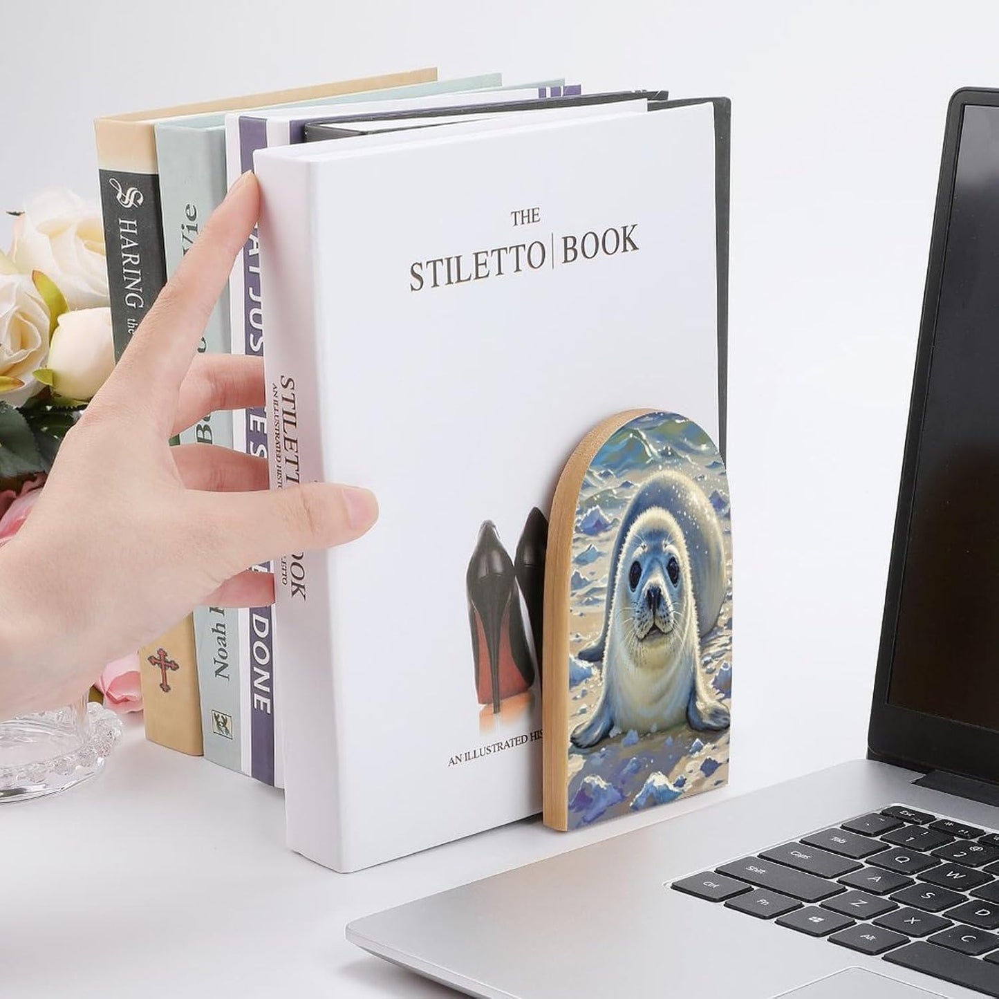 Harp Seal Painting Bookends 1 Pair Heavy Duty Book Ends for Shelves Non-Skid Bookend Supports Wooden Book Holders with Metal Base Desk Organizers Books Storage to Hold Books