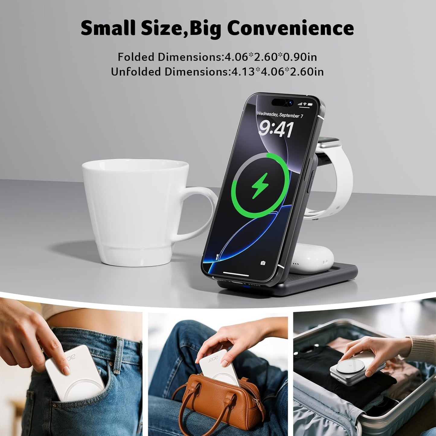 Acer 3 in 1 Charging Station for iPhone, Wireless Charger Stand,15W Fast MagSafe Charger for iPhone 17 16 15 14 13 12 Series-Apple Watch 11 10 9 8 7 6 5 4 3 2 SE and Ultra Series-Airpods 4 3 2 Pro