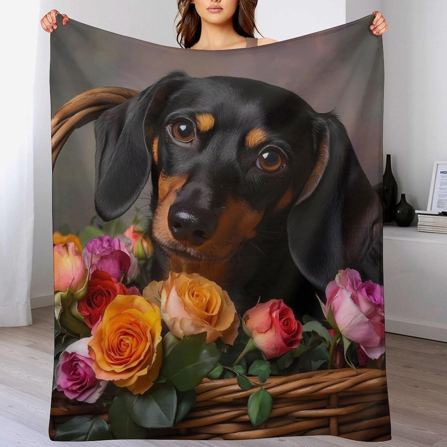 Dachshund Flower Throw Blanket for Couch Bed Plush Cozy Fuzzy Flannel Blanket for All Season 50"x60"