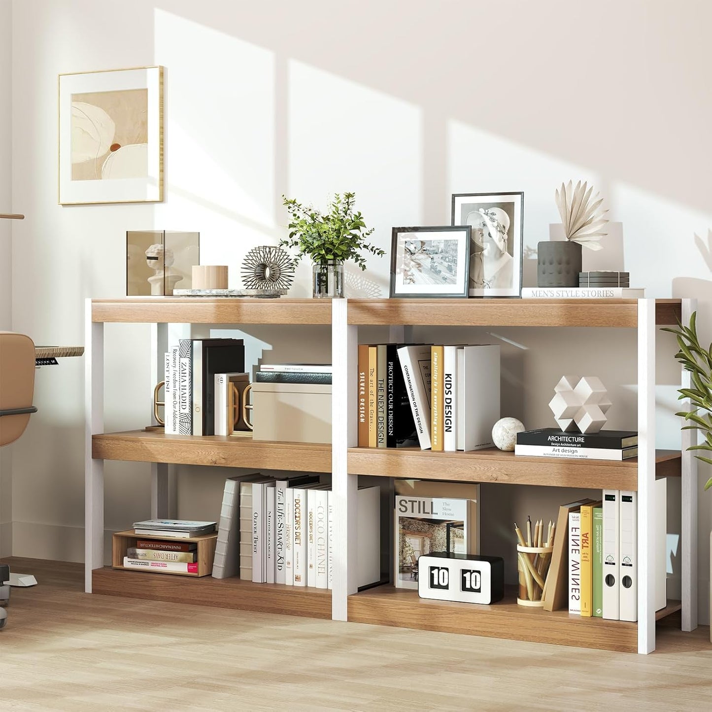 LOKO 3-Tier Open Bookshelf, Freestanding Wooden Bookcase with Storage Shelves, 2 Anti-toppling Devices, Modern Display Book Shelf Storage Rack for Living Room Bedroom Study (1,Natural & White)
