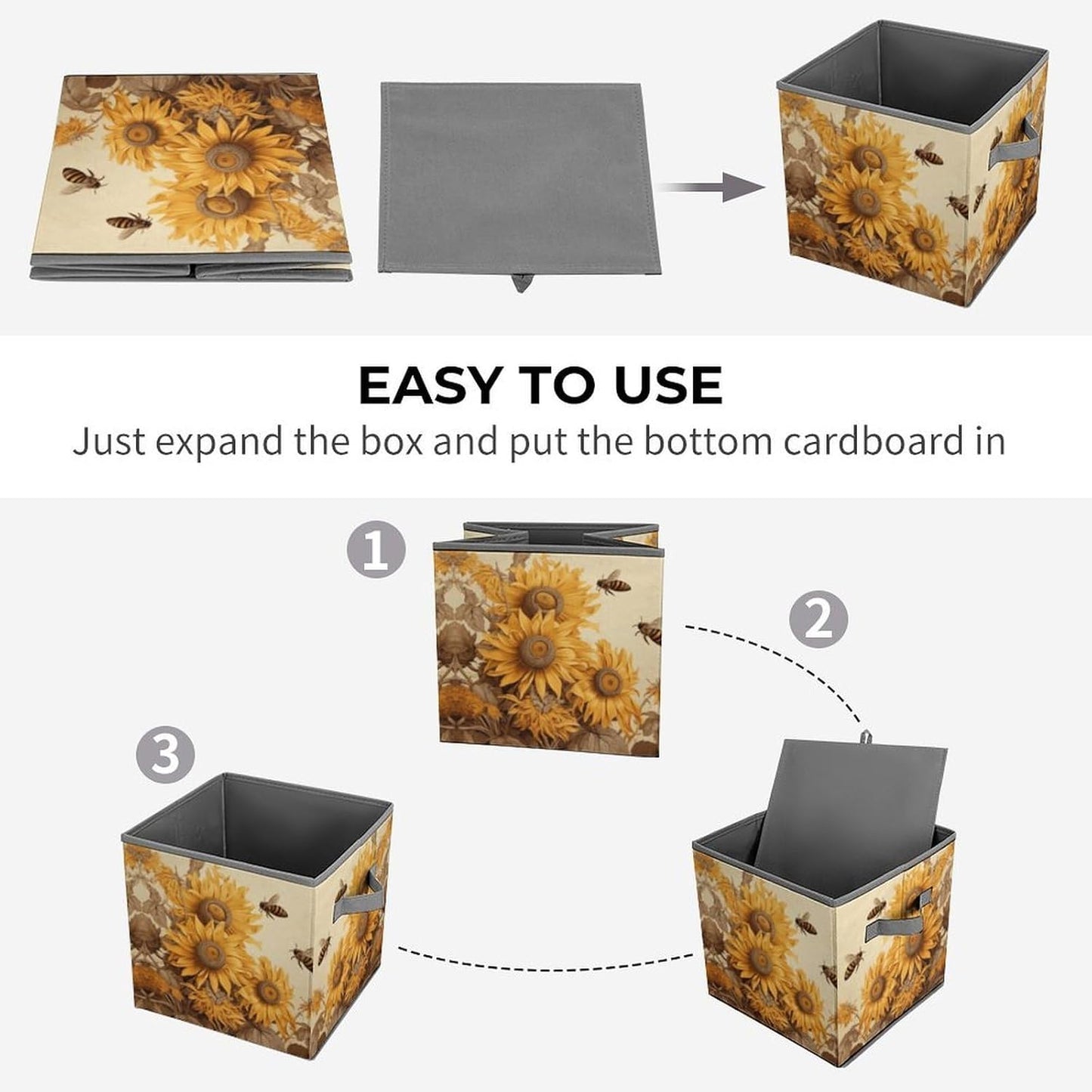 Bees And Sunflowers on Old Paper Storage Bins with Handles Fashion Large Storage Cubes Sturdy Foldable Storage Boxes Space-Saving Storage Baskets for Home Office Clothes Closet Organizers