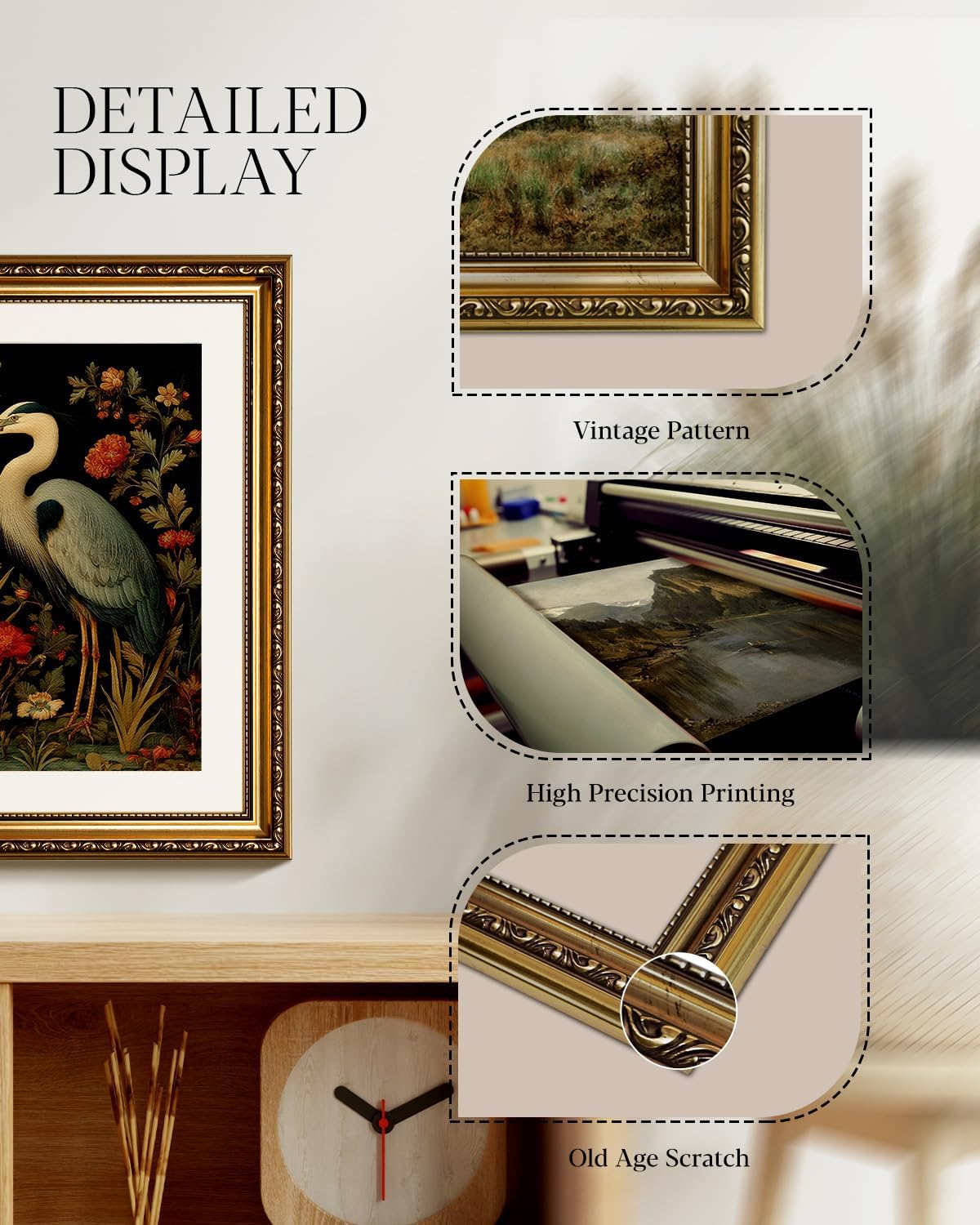 HUARCEY Vintage Botanical Bird Gold Framed Canvas Wall Art 13x16 inch, Classic Heron Floral Canvas Painting Print, Traditional Elegant Home Living Room Bedroom Farmhouse Decor
