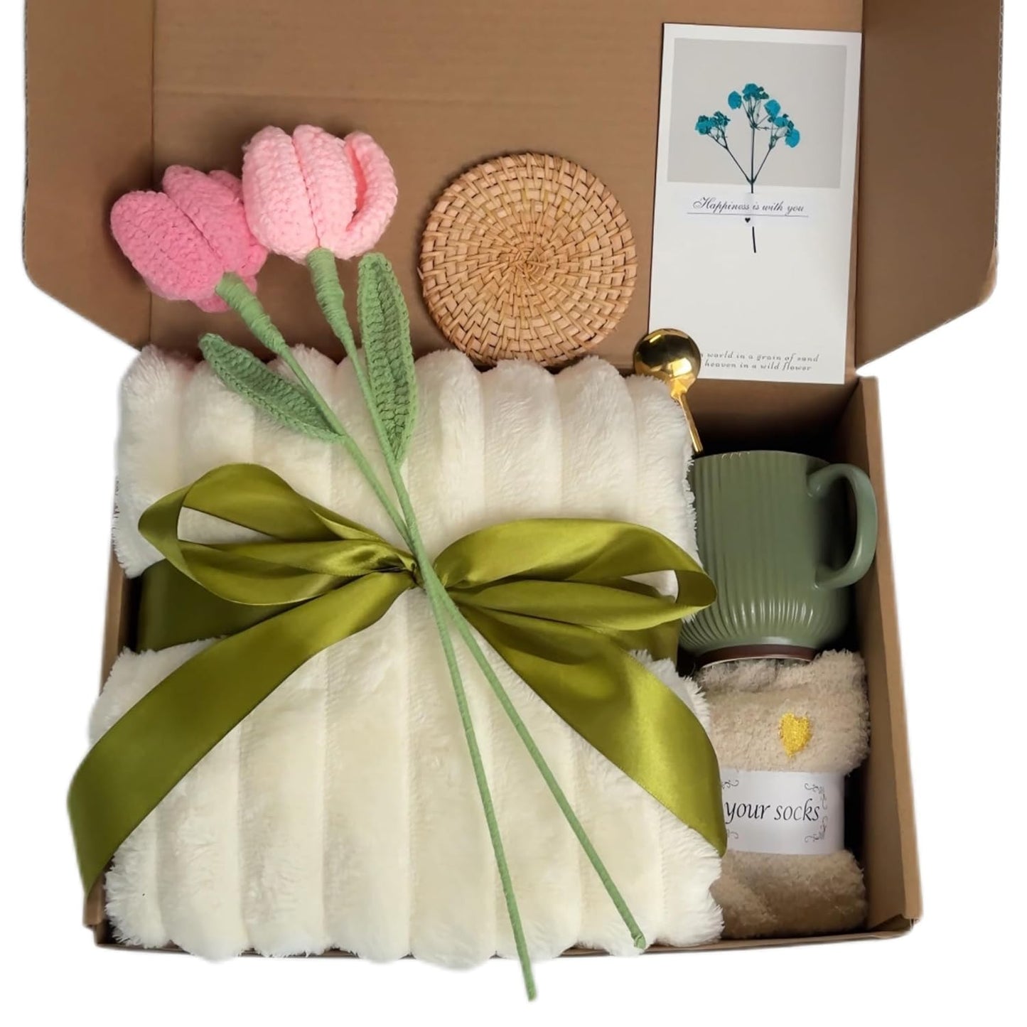 Self Care Gift Basket for Women – 8-Piece Thoughtful Present for Birthdays, Mother's Day, Graduation, Recovery, Mental Wellness, Knit Tulip Gift Throw Blanket,Self Love Box,Happy Birthday Gifts.