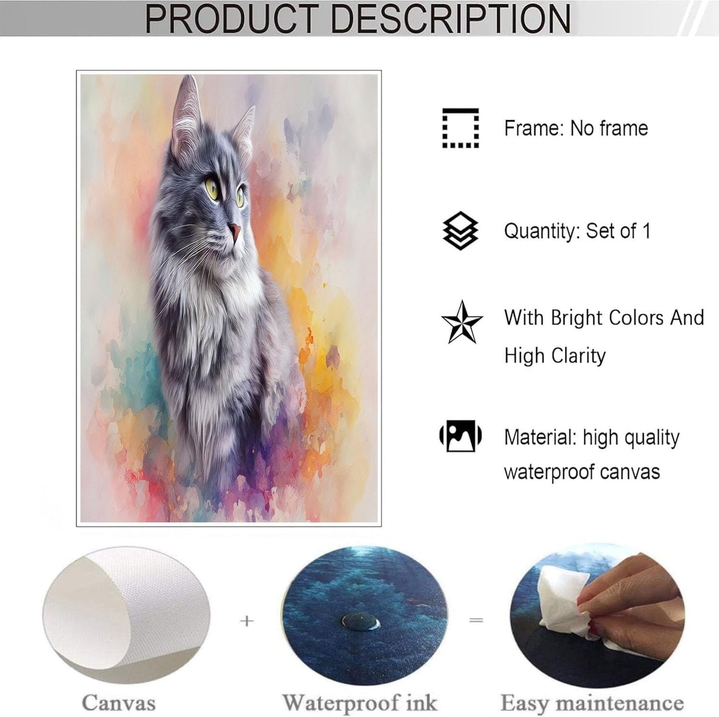 GDJSMIN Digital Airbrush Style Wall Art, Watercolor Beautiful Gray Cat Poster for Reading Room Living Room Decor 16x 24 inch Unframed