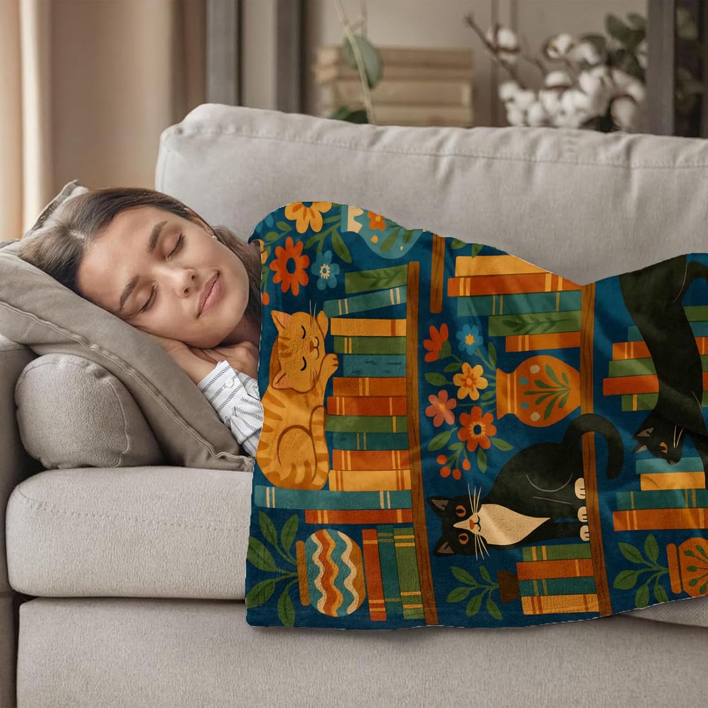 Book and Cat Shelf Fleece Blanket for Boys Girls Kids, Cozy Soft Library Reading Theme Blankets Gifts for Women, Adults, for Bedroom, Travel, Camping, Sofa, Room Decor 50x60 in