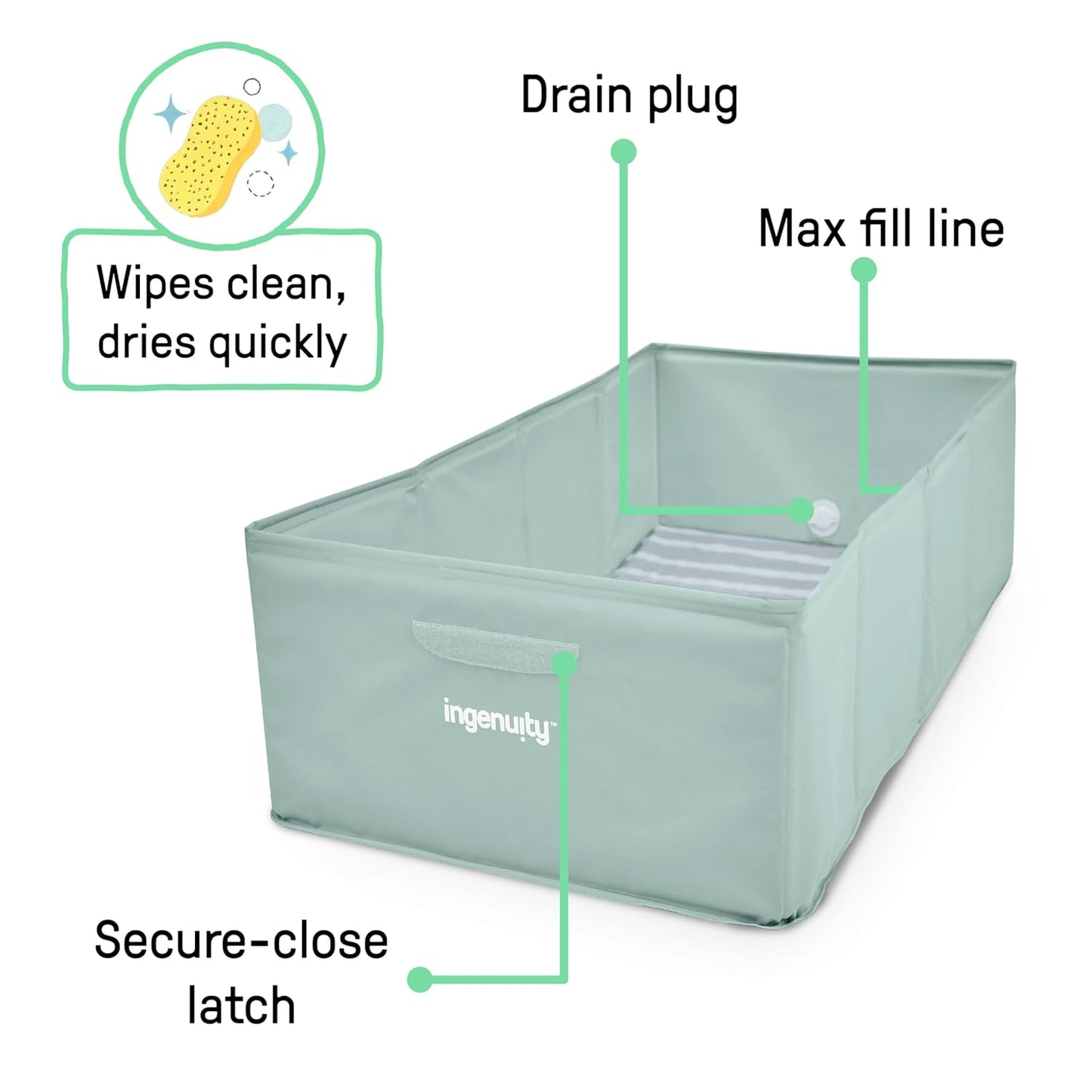 Ingenuity Tuckaway Toddler Folding Tub, Converts Shower to Tub, Folds to Store, Easy to Clean, No Assembly Required, Portable Baby Bathtub for Travel, 12M-5Y, Green