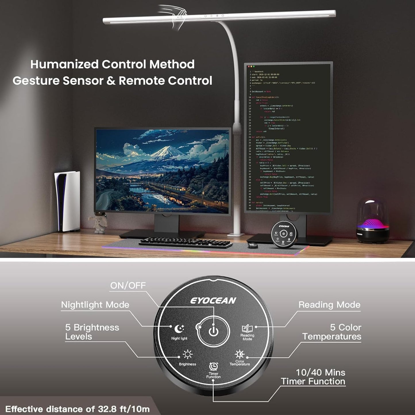 Desk Lamp, 31.5" Desk Light for Home Office, Brightest 24W, Gesture Sensor & Remote Control, Dimmable & Color Temperature, Monitor Light Bar with Telescopic Rod, Height Adjustable