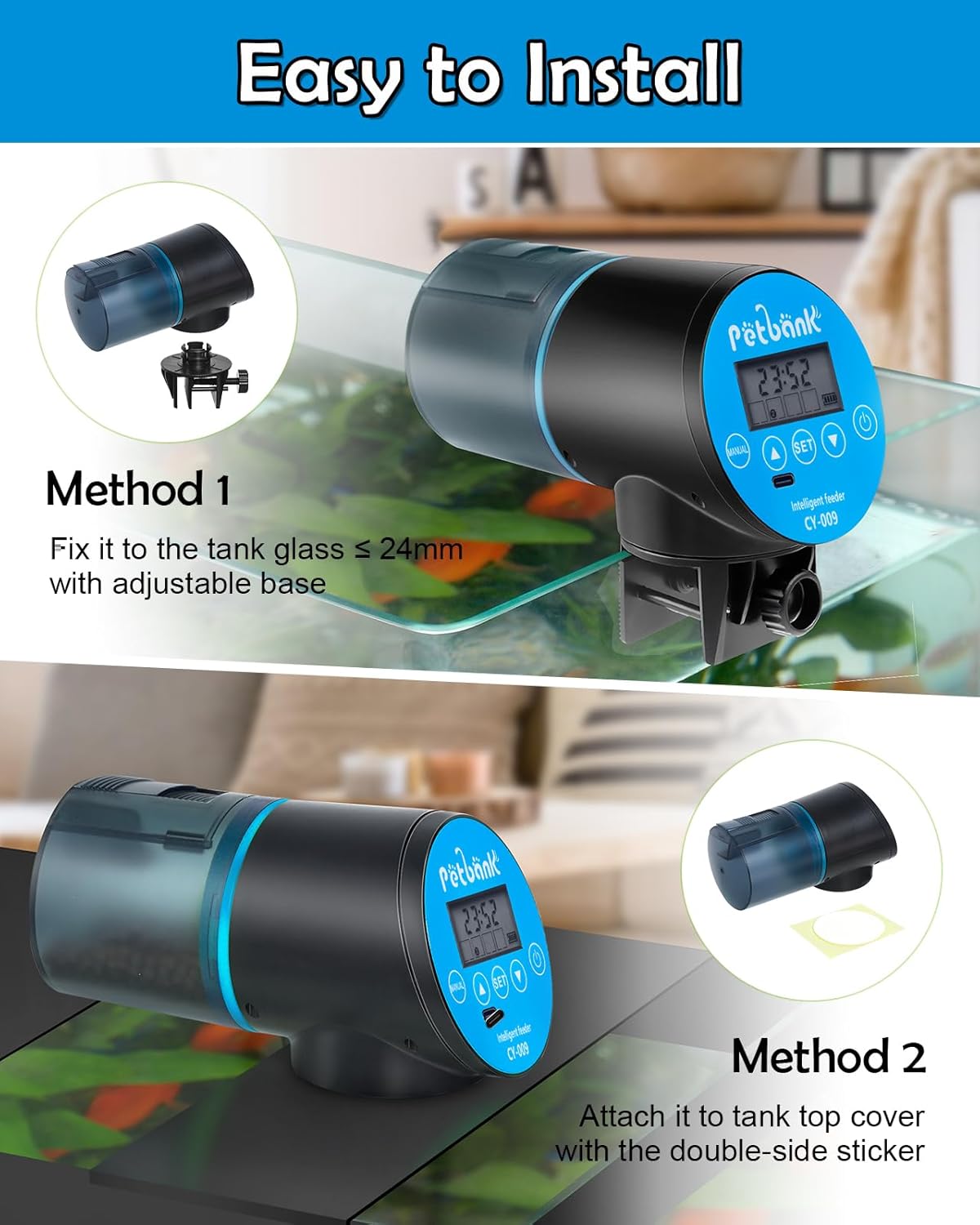 Automatic Fish Feeder for Aquarium - Rechargeable Fish Food Auto Dispenser Vacation Turtle Feeder with USB Charger Cable，LCD Screen, Customized Schedule (Blue)