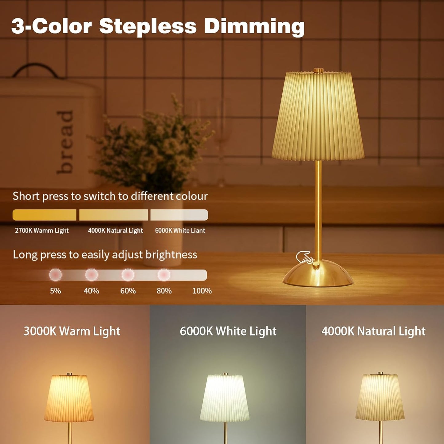 2-Pack Cordless Rechargeable Table Lamp 3-Color Dimmable Touch Control, 3000mAh Battery Operated Portable Light Beige Fabric Shade for Bedroom, Living Room, Office, Nursery, Bathroom